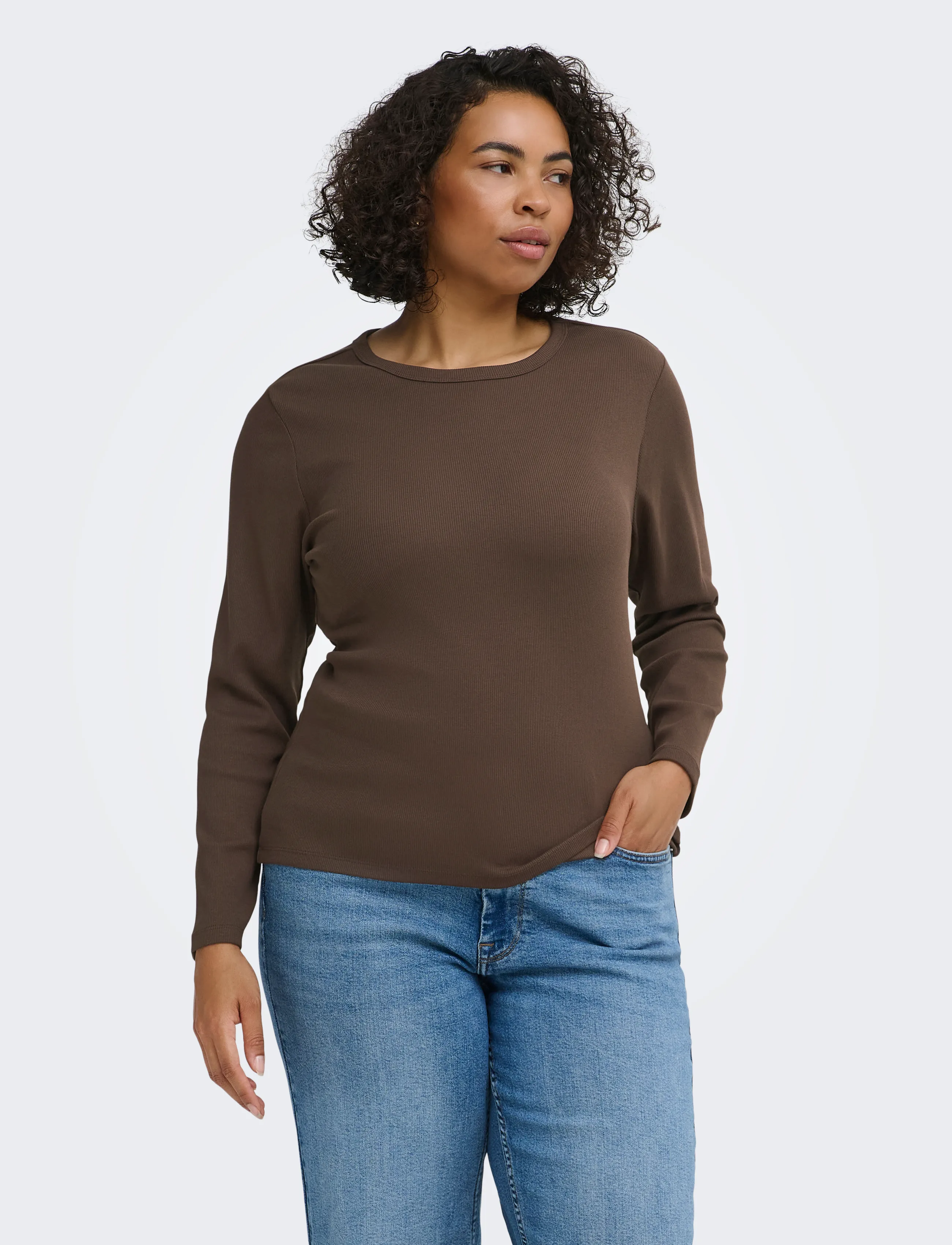 ONLY Carmakoma CARVAL L/S O-NECK TOP JRS NOOS - T-shirts & Toppar - BRACKEN / brown