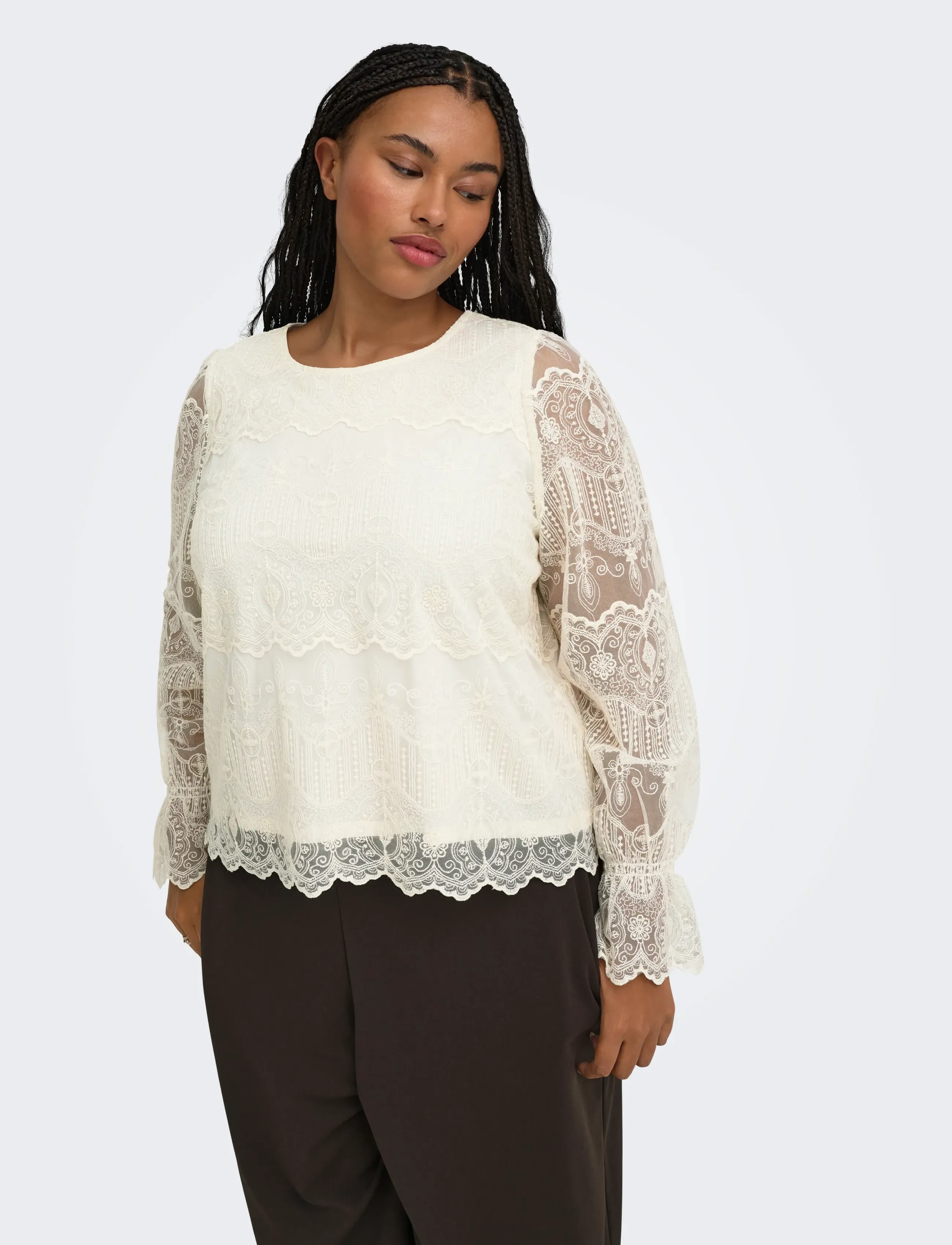 ONLY Carmakoma - CARZENNA L/S LACE O-NECK TOP WVN - long sleeved blouses - cloud dancer - 0