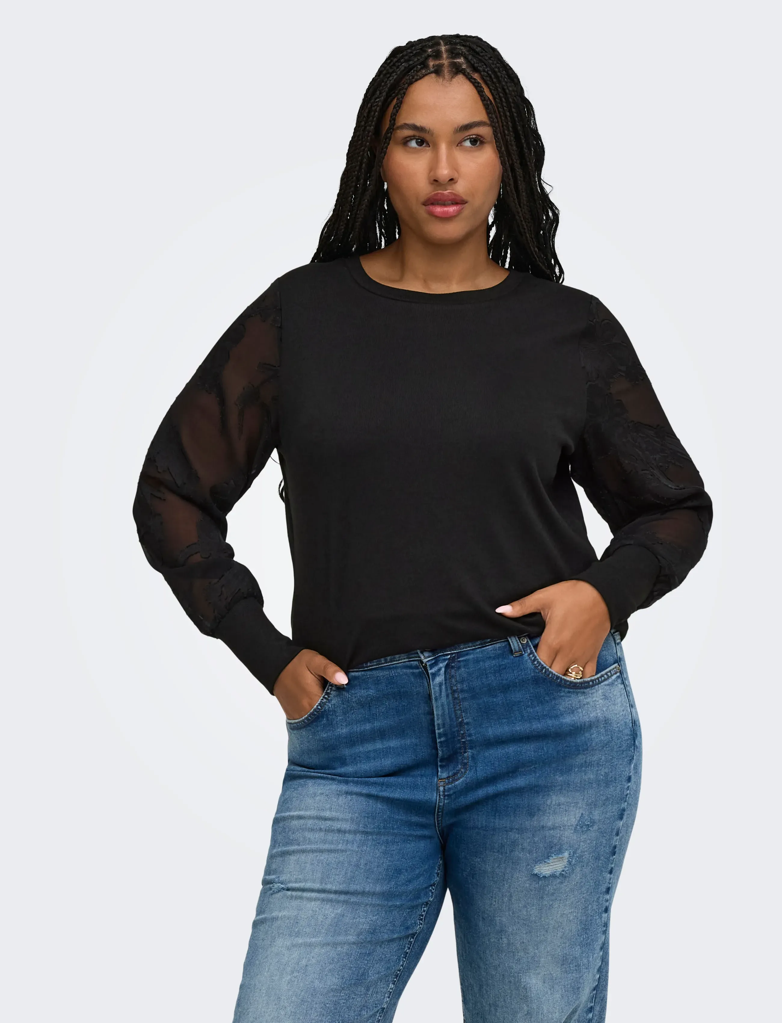 ONLY Carmakoma CARAMILLA L/S O-NECK MIX BLOUSE JRS - Pikkade varrukatega pluusid - BLACK / black