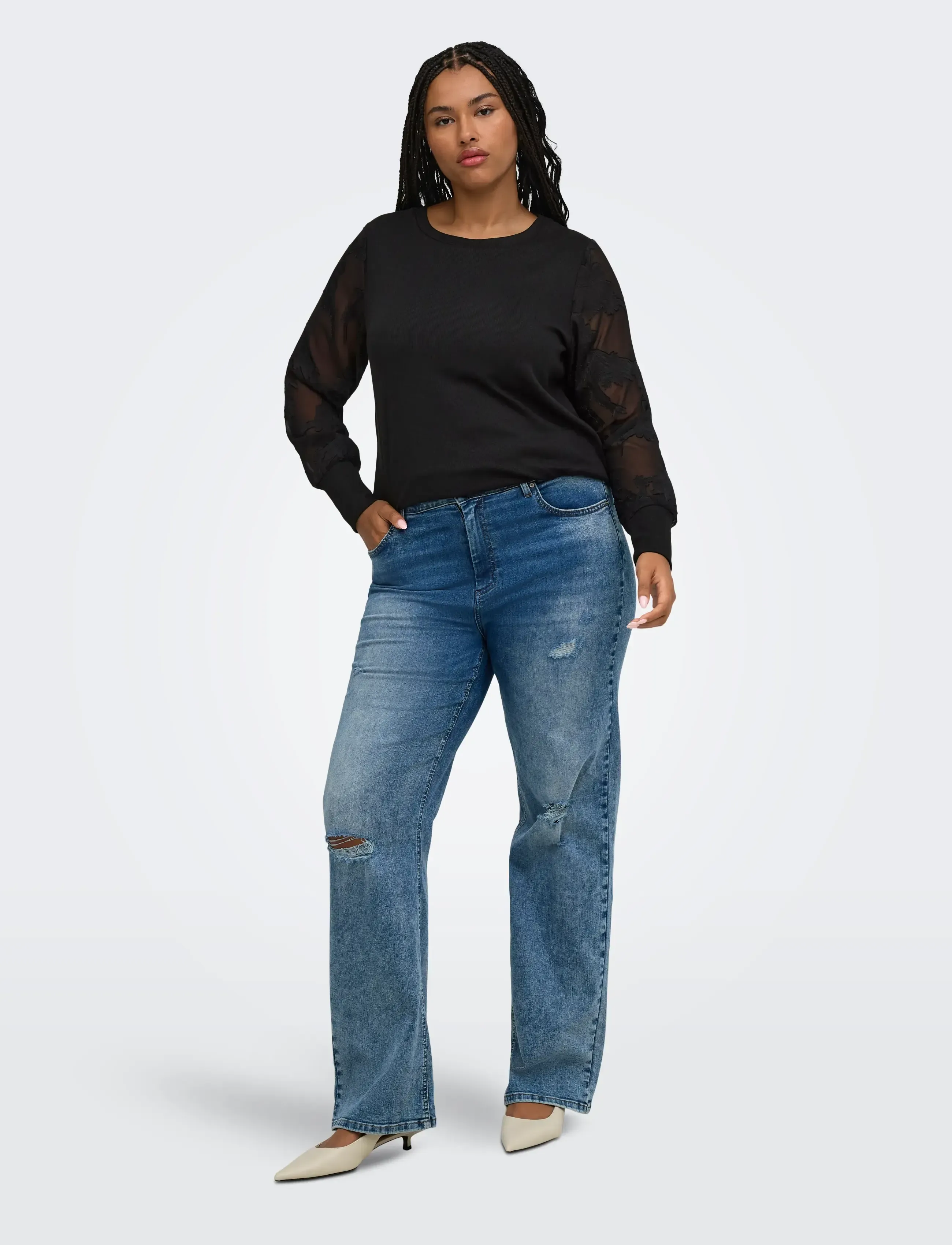 ONLY Carmakoma - CARAMILLA L/S O-NECK MIX BLOUSE JRS - black - 4