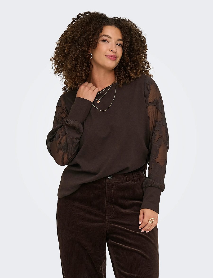 ONLY Carmakoma - CARAMILLA L/S O-NECK MIX BLOUSE JRS - langärmelige blusen - coffee bean - 0