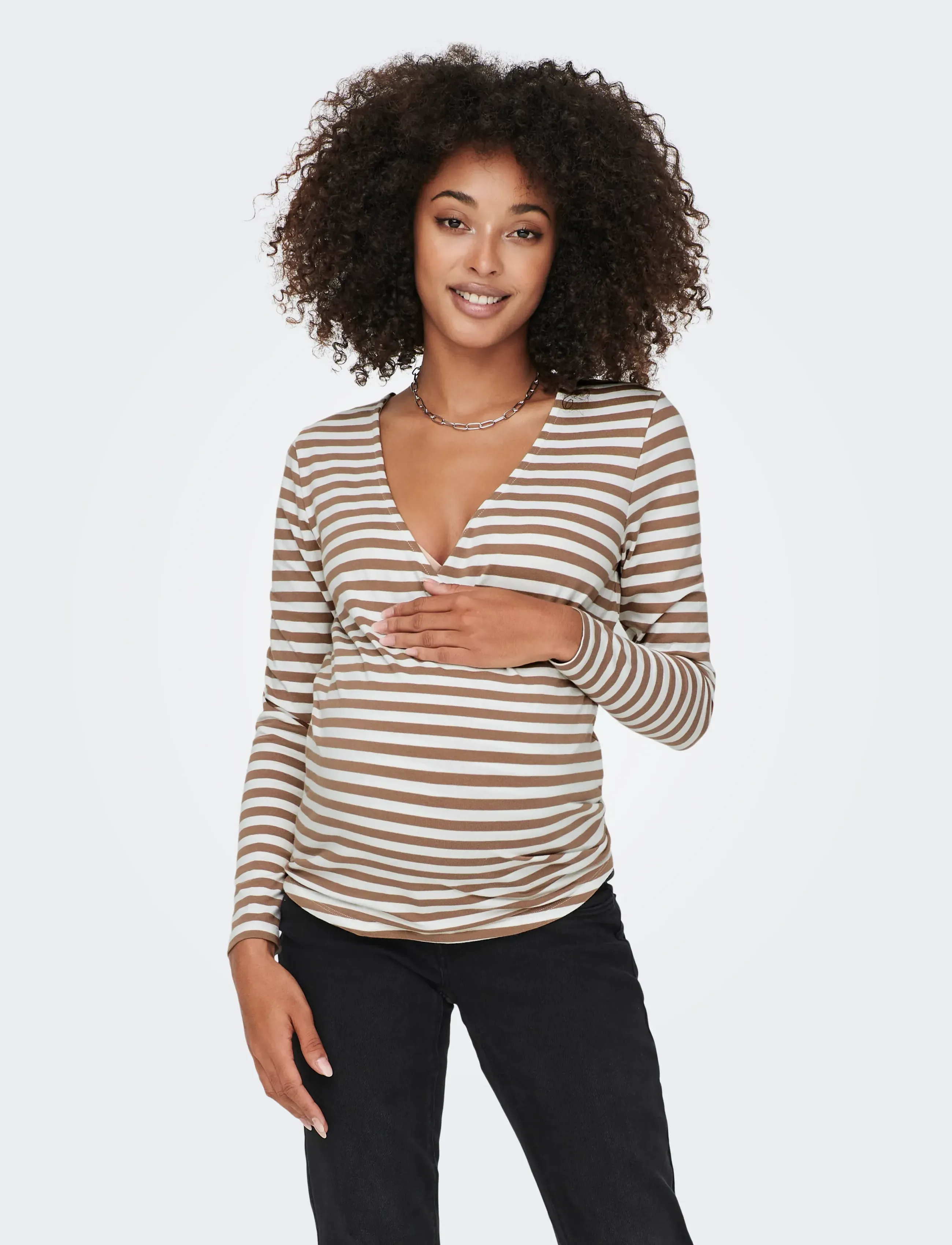Only Maternity OLMJOY L/S WRAP STRIPES TOP JRS NOOS - T-shirts & Toppar - BEAVER FUR / beige