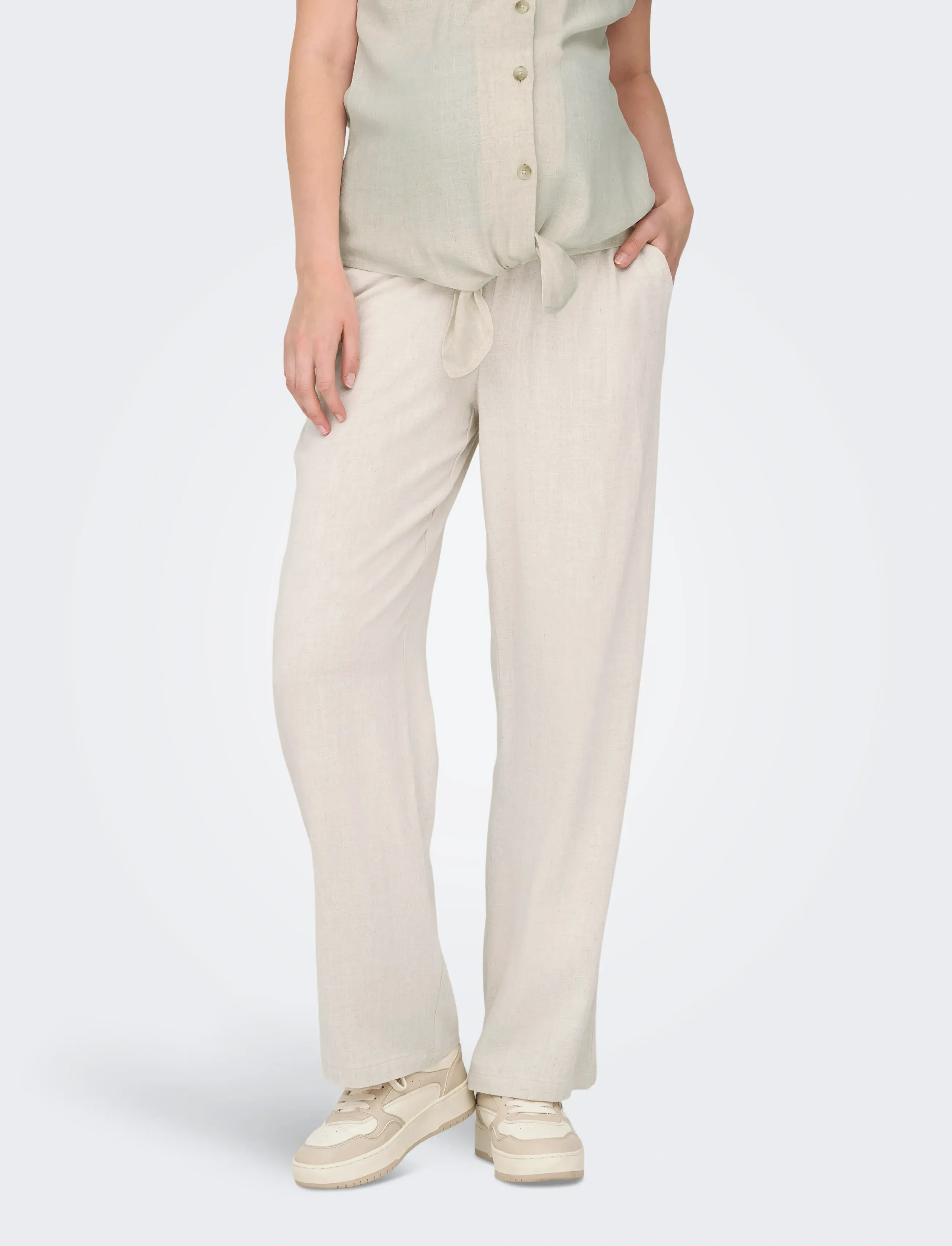 Only Maternity Olmsiesta Mw Pull-Up Linen Bl Pant Noos, XXL x 32, Trousers, Creme - Straight Leg, Frauen