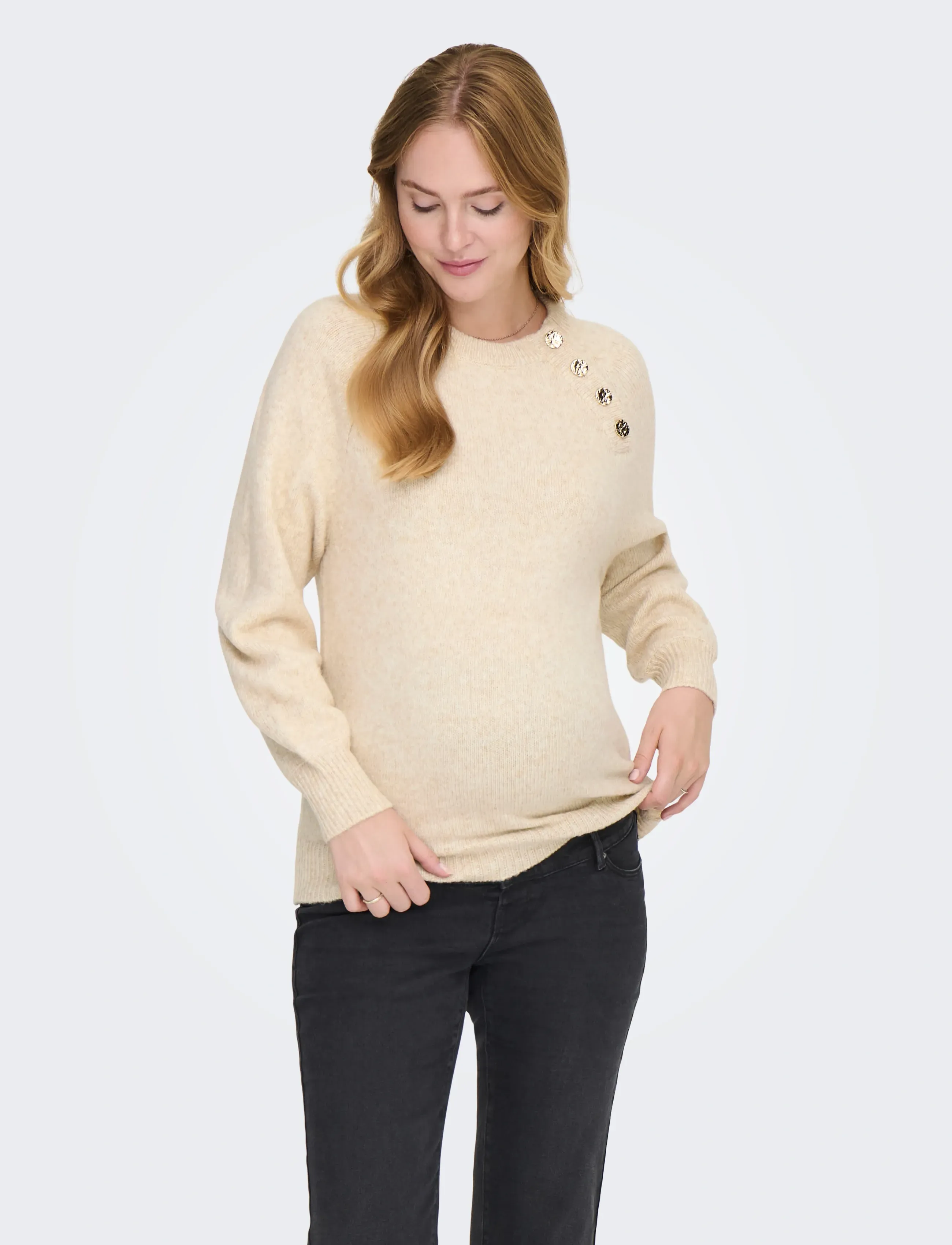 Only Maternity Olmemma Life Ls Button Oneck Knt, XXL, Cream, Strik > Trøjer, Dame