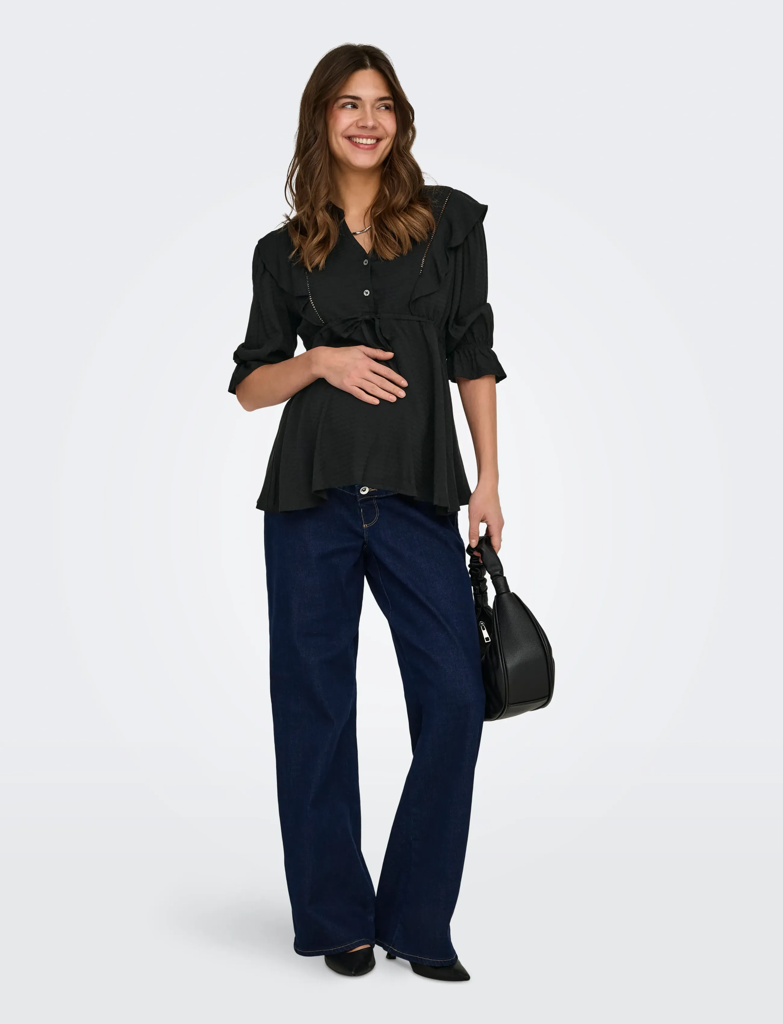 Only Maternity - OLMSALLI 2/4 V-NECK FRILL TOP WVN - long sleeved blouses - black - 5