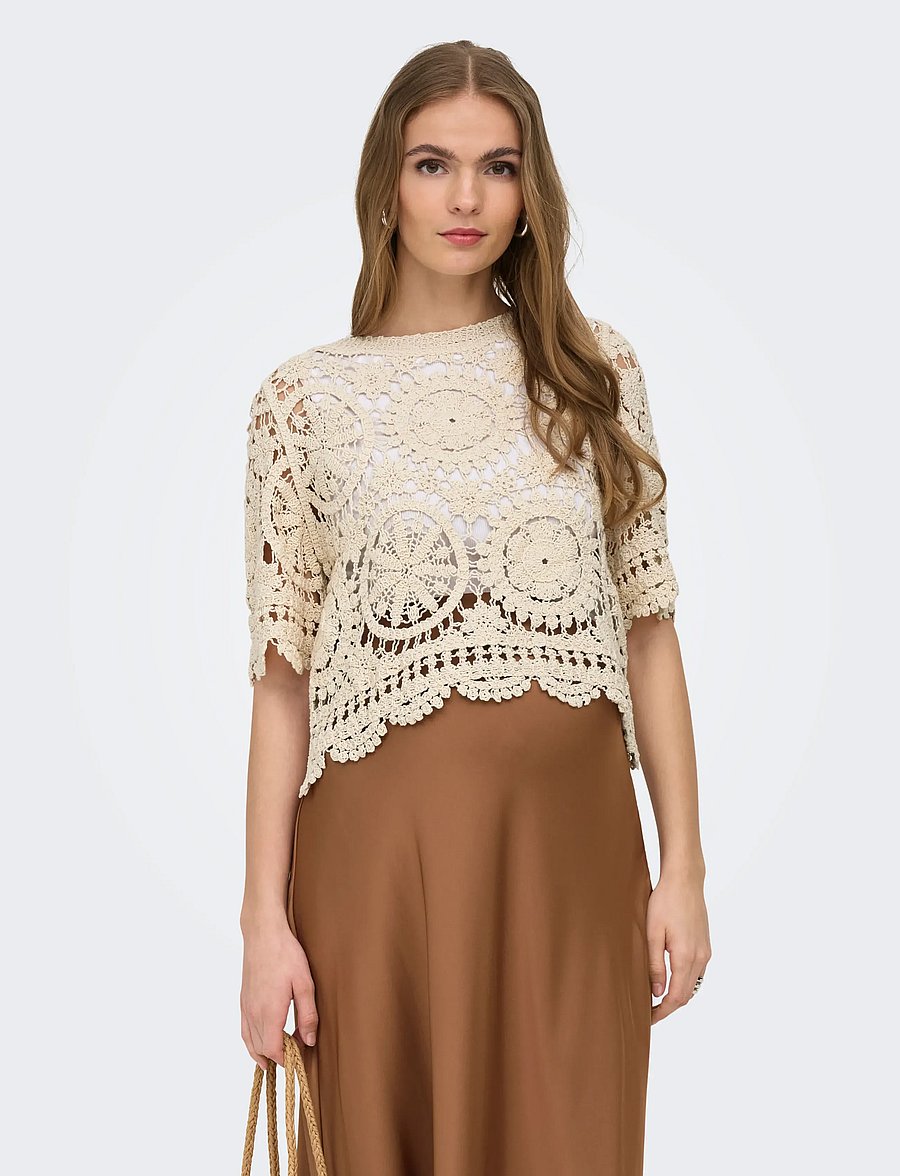 Only Maternity - OLMWATERLY S/S CROCHET O-NECK TOP KNT - t-särgid - birch - 0