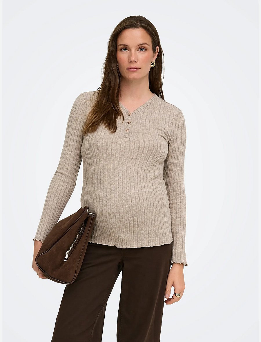 Only Maternity - OLMLOLA L/S V-NECK BTN RIB TOP JRS - long-sleeved tops - mocha meringue - 0