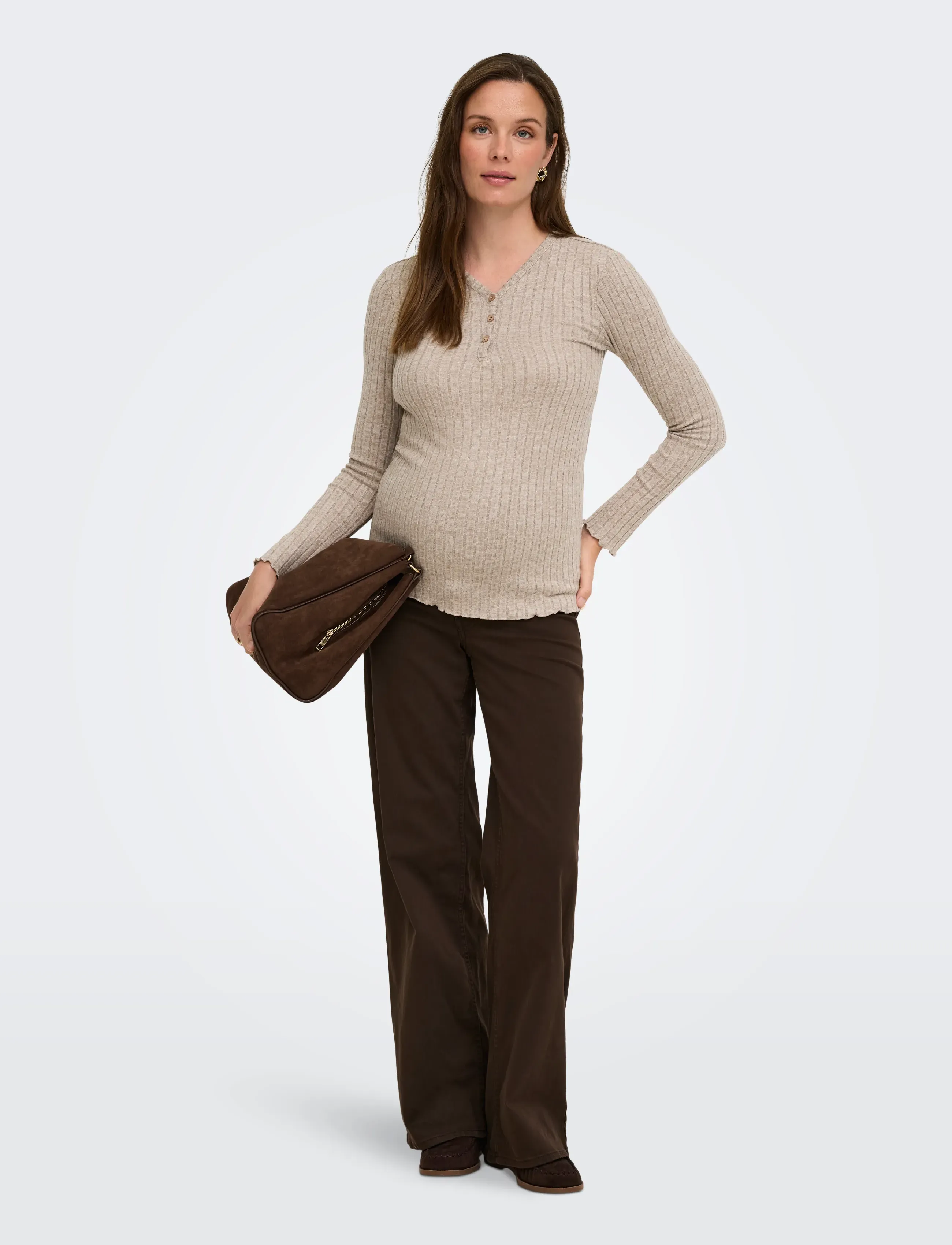 Only Maternity - OLMLOLA L/S V-NECK BTN RIB TOP JRS - efterårstøj - mocha meringue - 5