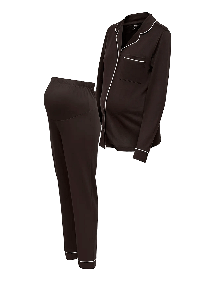 Only Maternity - OLMHANNA LS PIPING SHIRT/HW PANT SET JR - kodu- ja ööriided - chocolate plum - 2