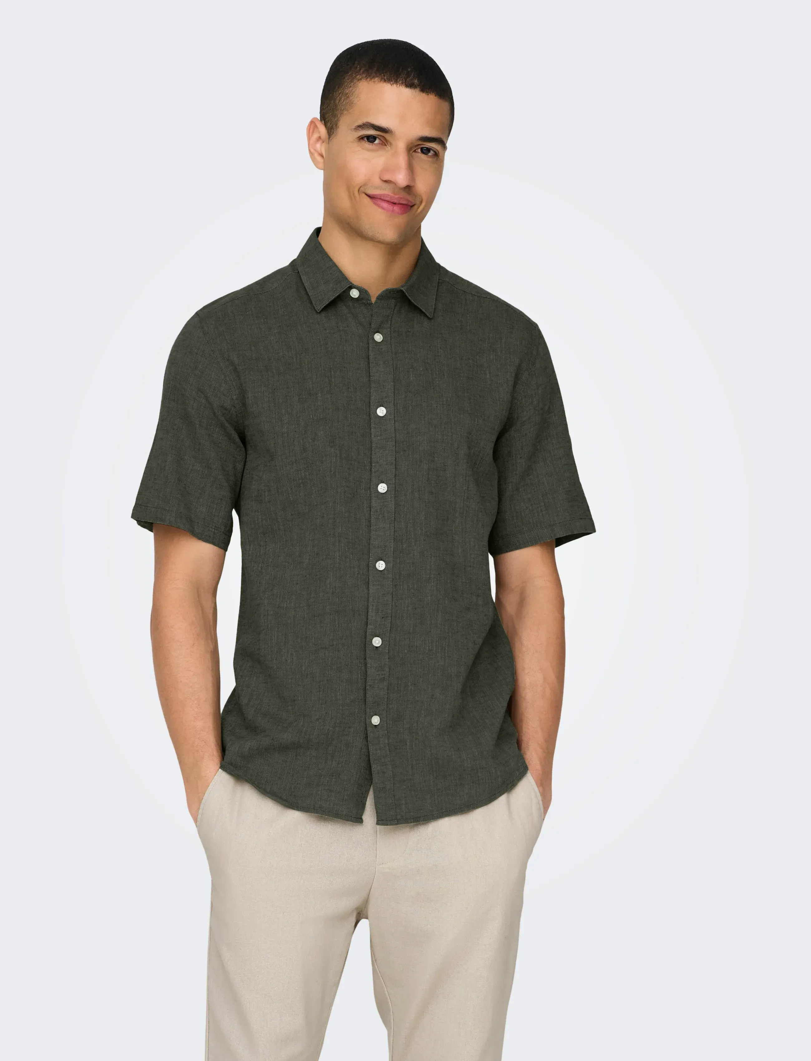 ONLY & SONS Onscaiden Life Ss Solid Linen Blend Noos, XL, Khaki green, Skjorter > Kortærmede, Herre