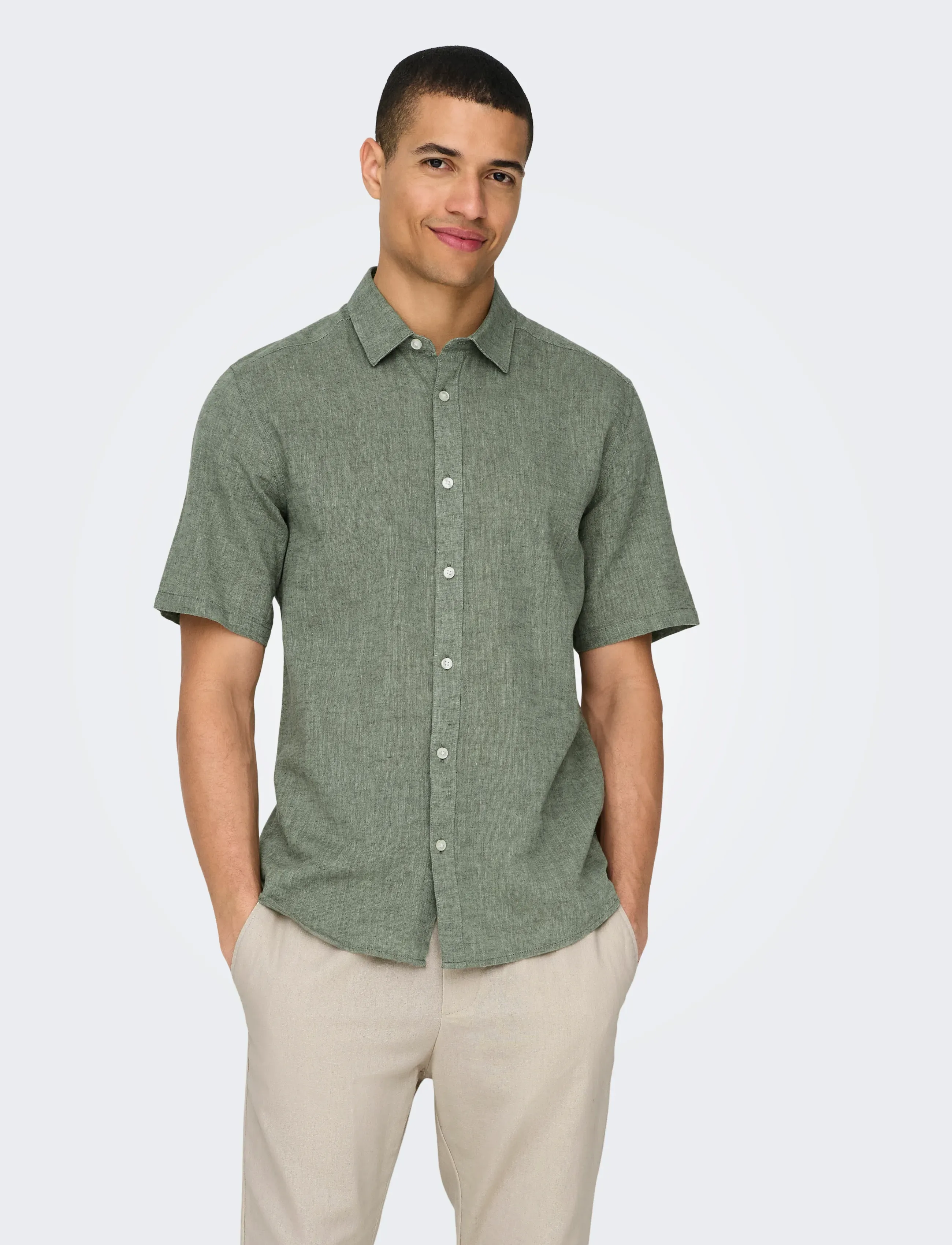 ONLY & SONS Onscaiden Life Ss Solid Linen Blend Noos, M, Green, Skjorter > Kortærmede, Herre
