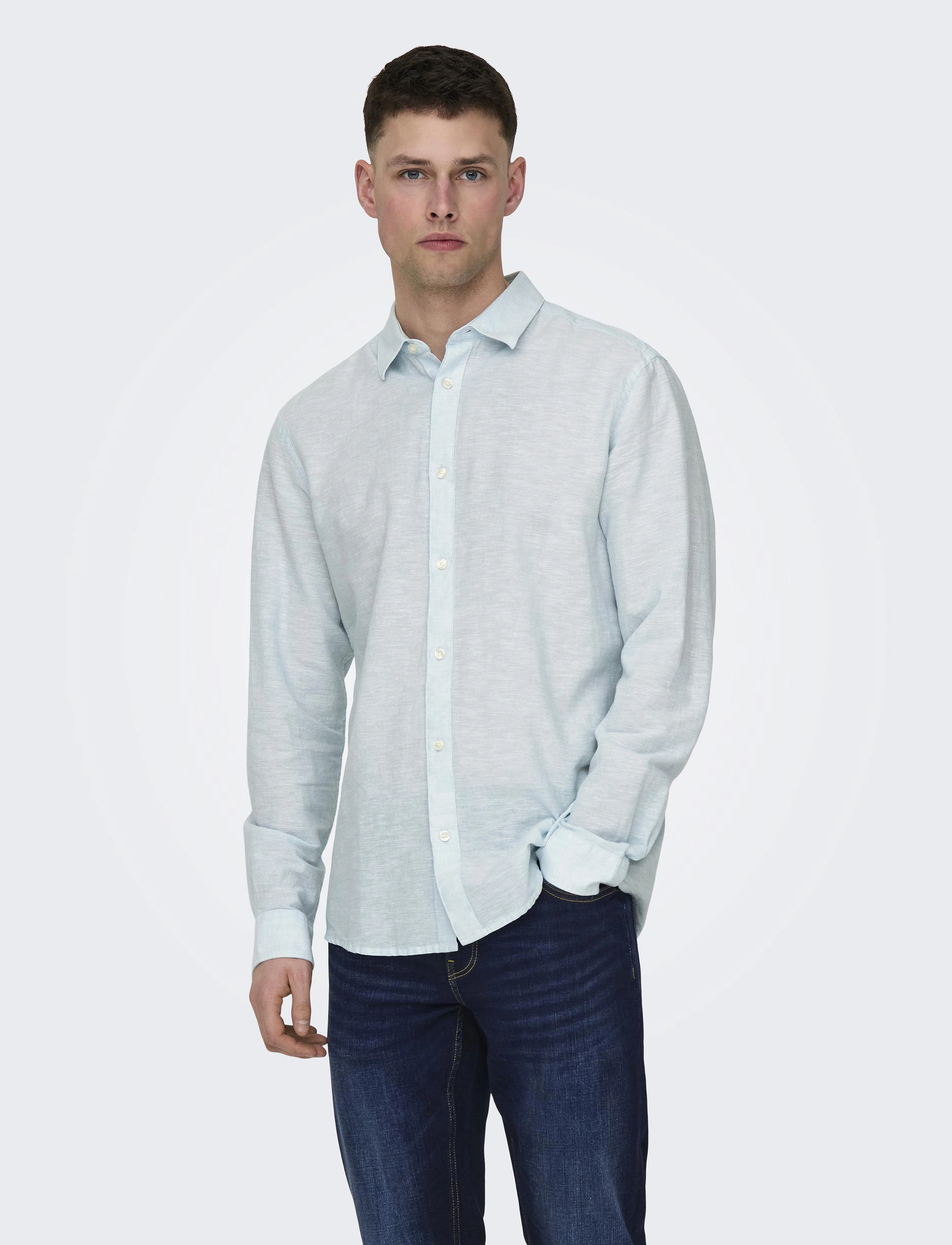 ONLY & SONS Onscaiden Life Ls Solid Linen Blend Noos, XL, Blue, Skjorter > Afslappet, Herre