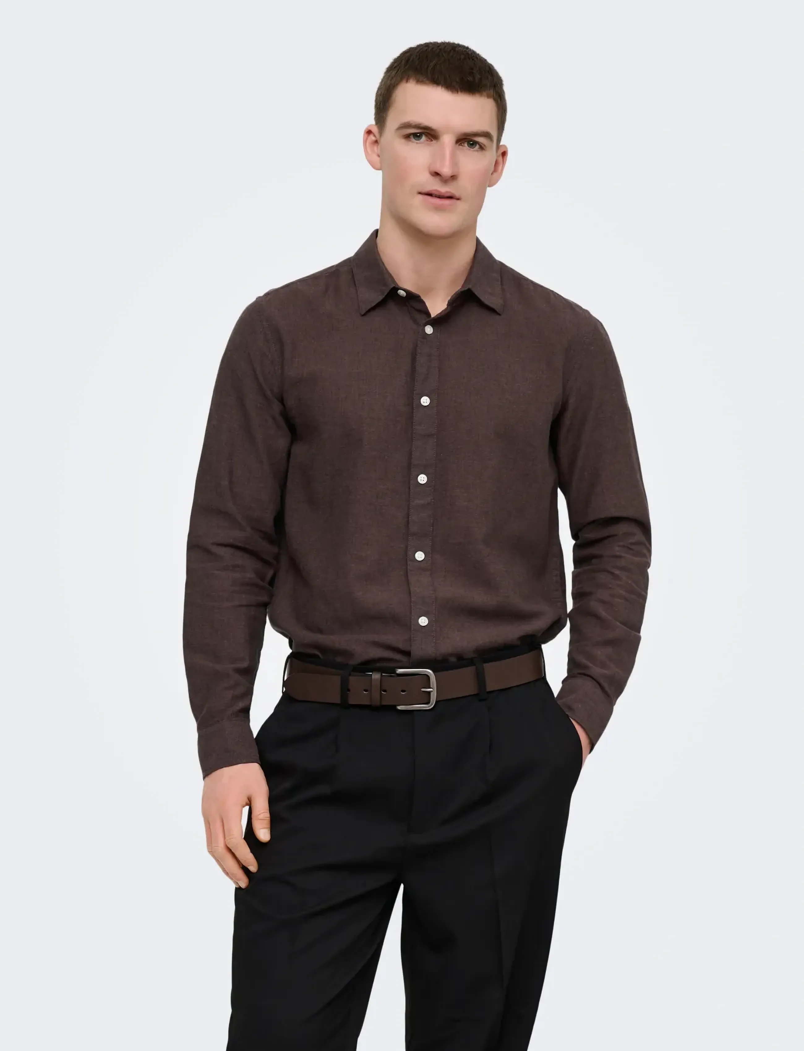 ONLY & SONS ONSCAIDEN LIFE LS SOLID LINEN BLEND NOOS - ONLY & SONS - COFFEE BEAN / brown