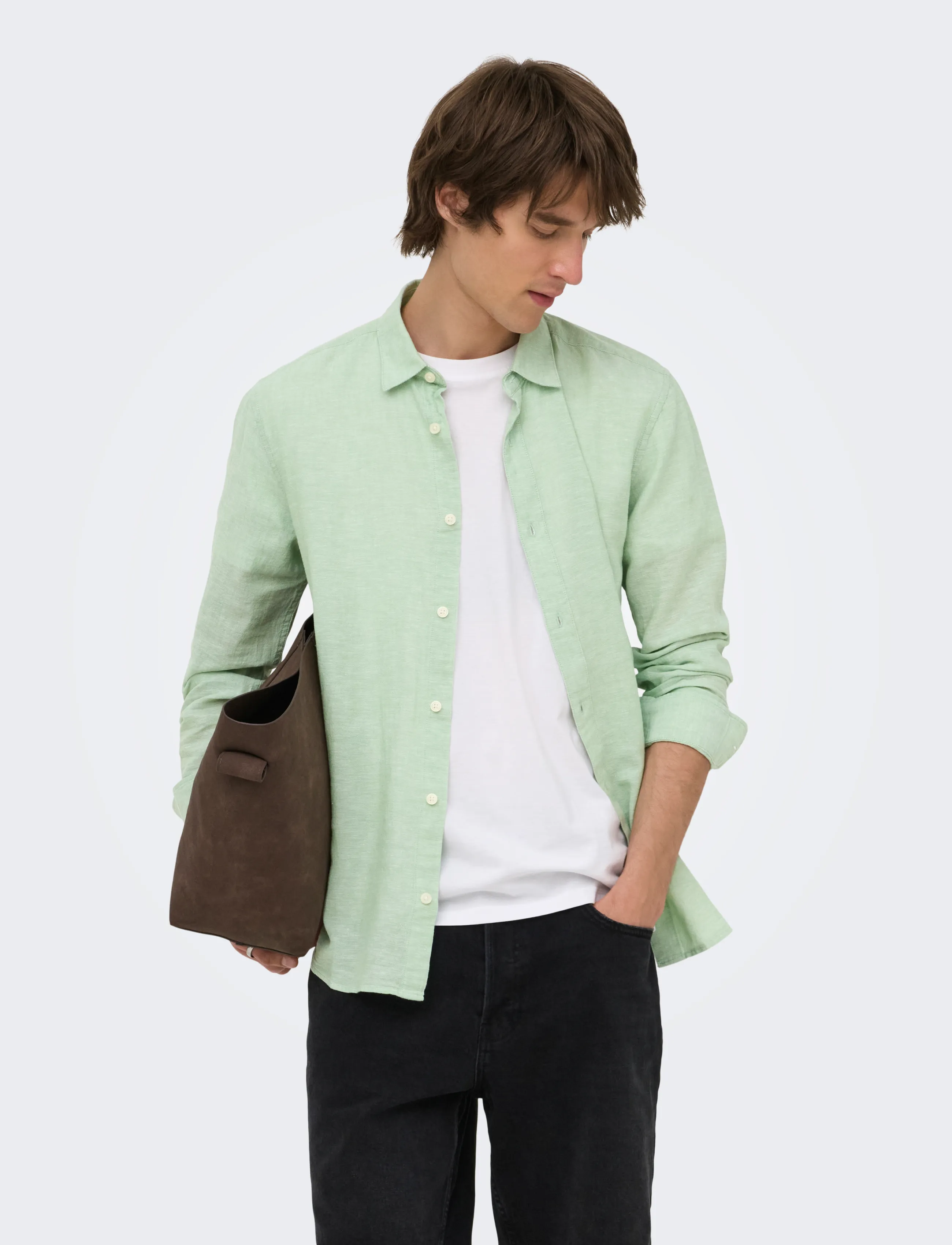 ONLY & SONS Onscaiden Life Ls Solid Linen Blend Noos, XS, Green, Skjorter > Afslappet, Herre