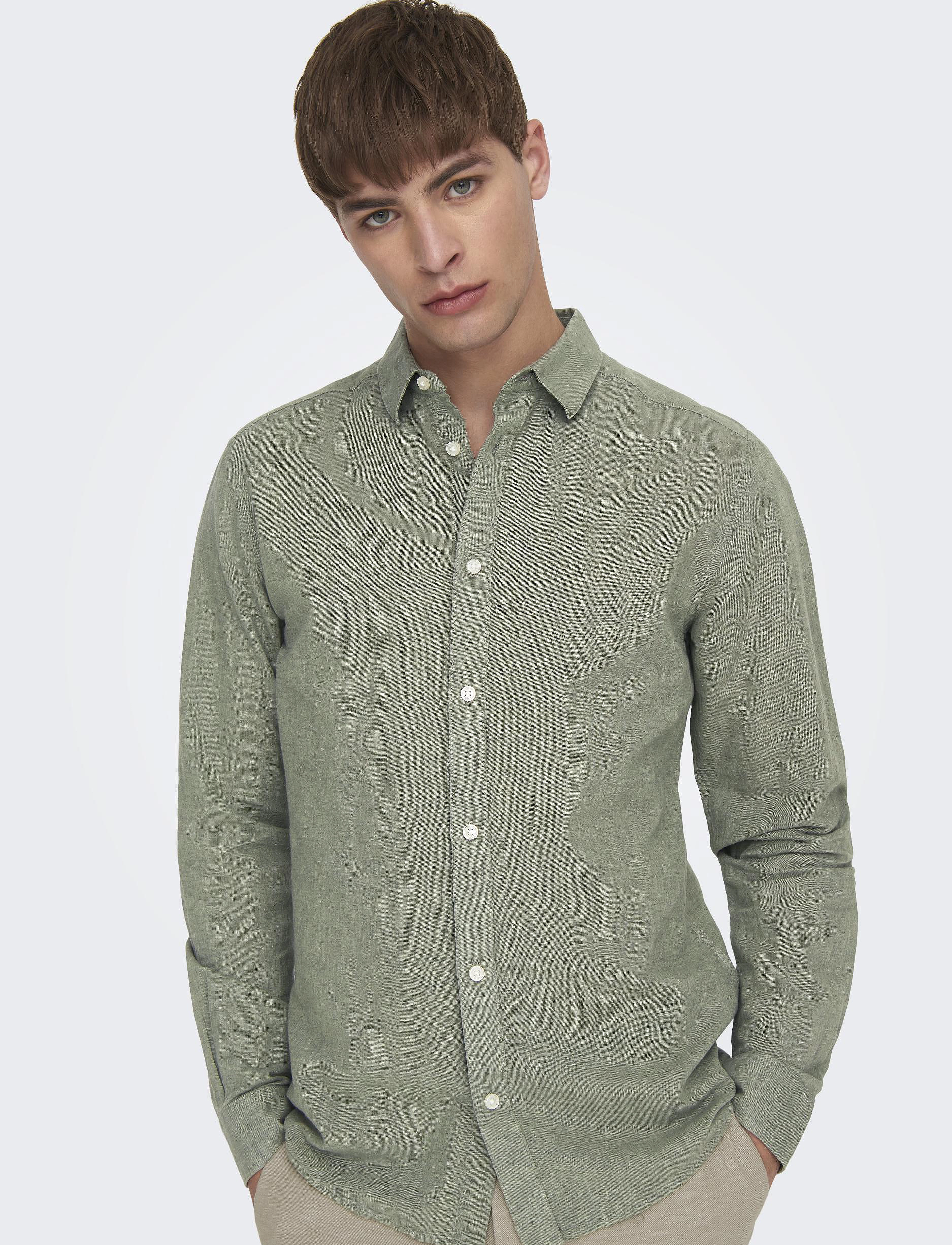 ONLY & SONS - ONSCAIDEN LIFE LS SOLID LINEN BLEND NOOS - linneskjortor - swamp - 5