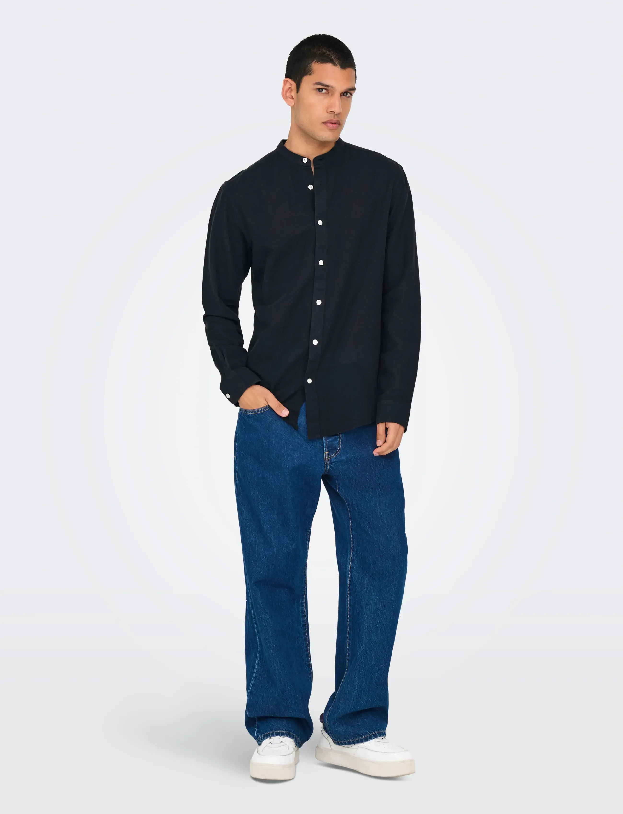 ONLY & SONS - ONSCAIDEN LIFE LS LINEN BLEND MAO NOOS - linen shirts - black - 4