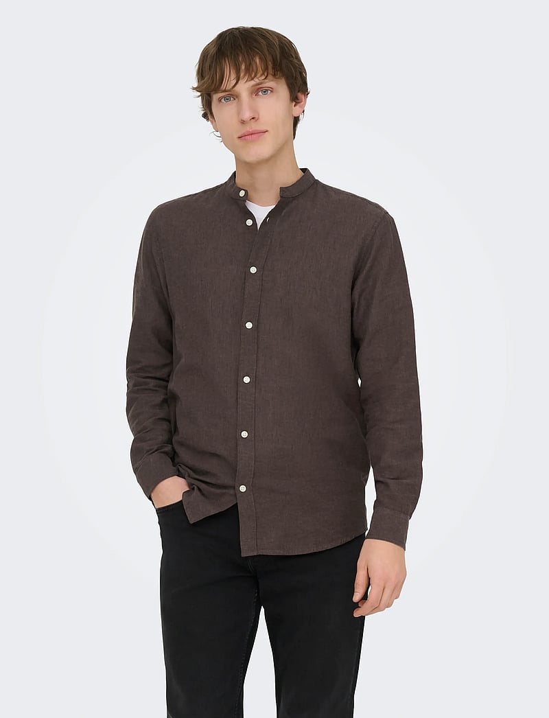 ONLY & SONS - ONSCAIDEN LIFE LS LINEN BLEND MAO NOOS - hørskjorter - coffee bean - 0