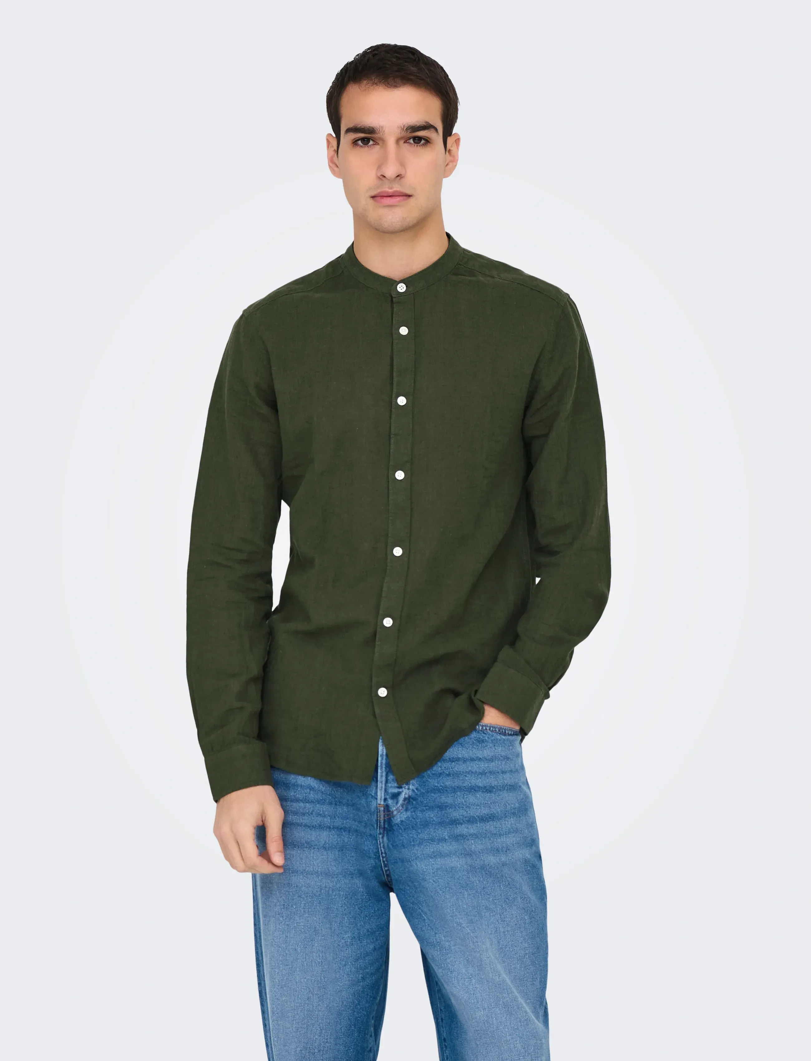 ONLY & SONS Onscaiden Life Ls Linen Blend Mao Noos, XL, Khaki green, Skjorter > Afslappet, Herre