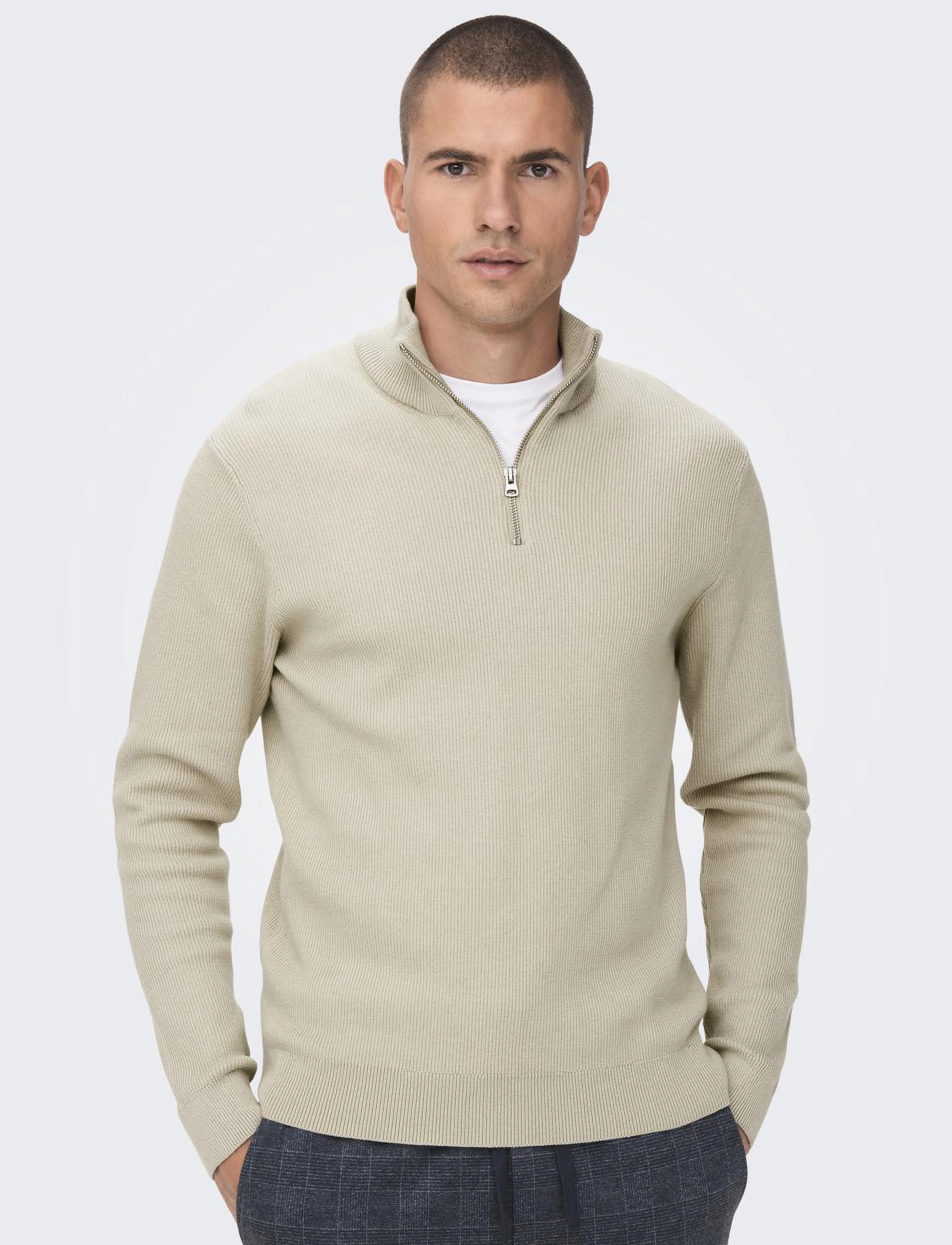ONLY & SONS - ONSPHIL REG 12 STRUC HALF ZIP KNIT NOOS - pullover mit halbem reißverschluss - silver lining - 5