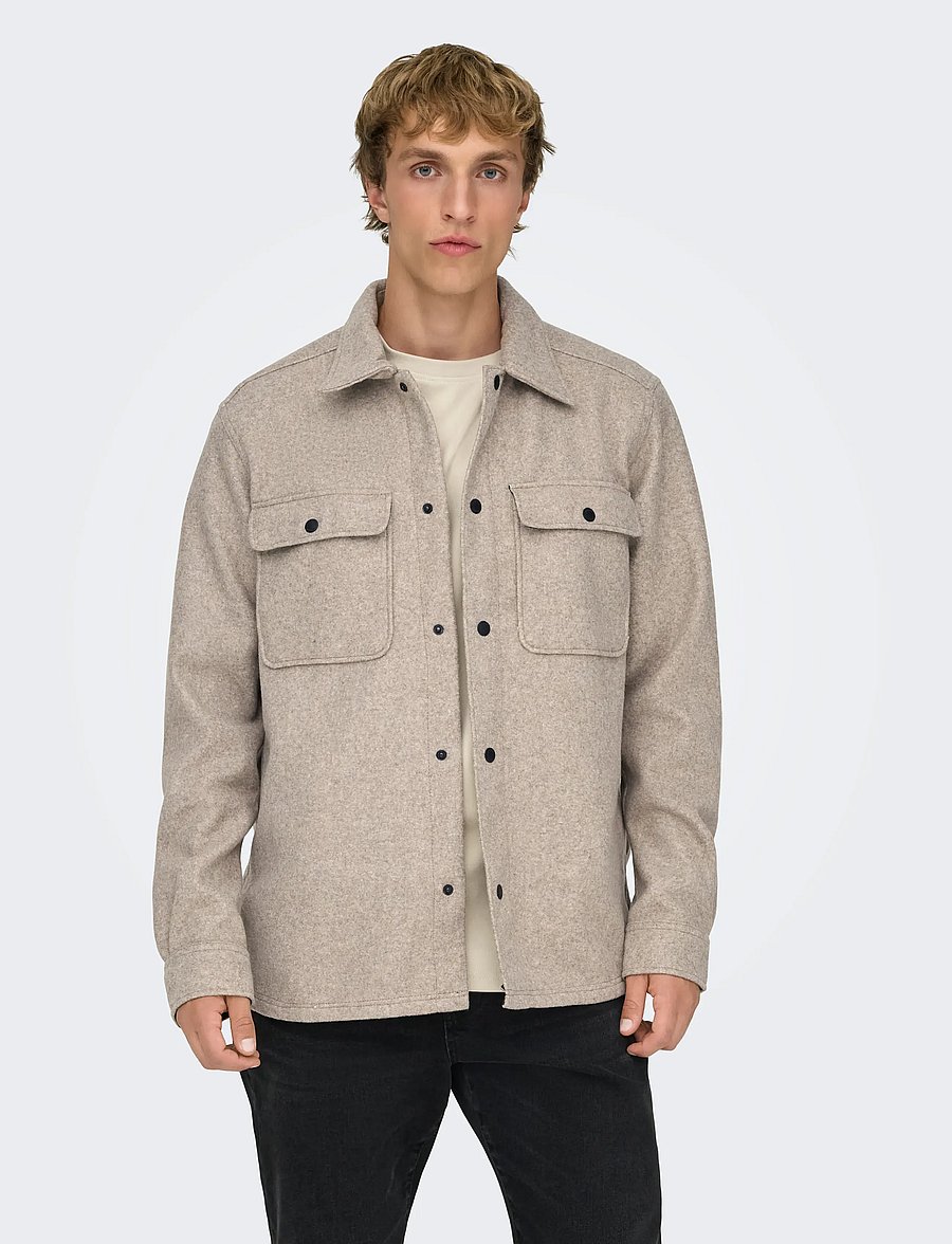 ONLY & SONS - ONSASH OVR WOOLEN LOOK PKT LS SHIRT NOOS - striukės - chinchilla - 0