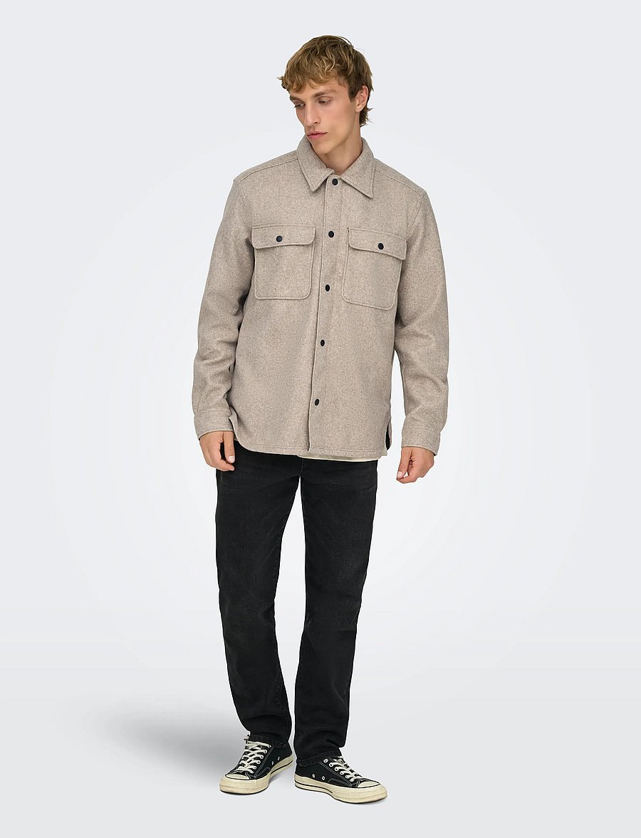 ONLY & SONS - ONSASH OVR WOOLEN LOOK PKT LS SHIRT NOOS - striukės - chinchilla - 4