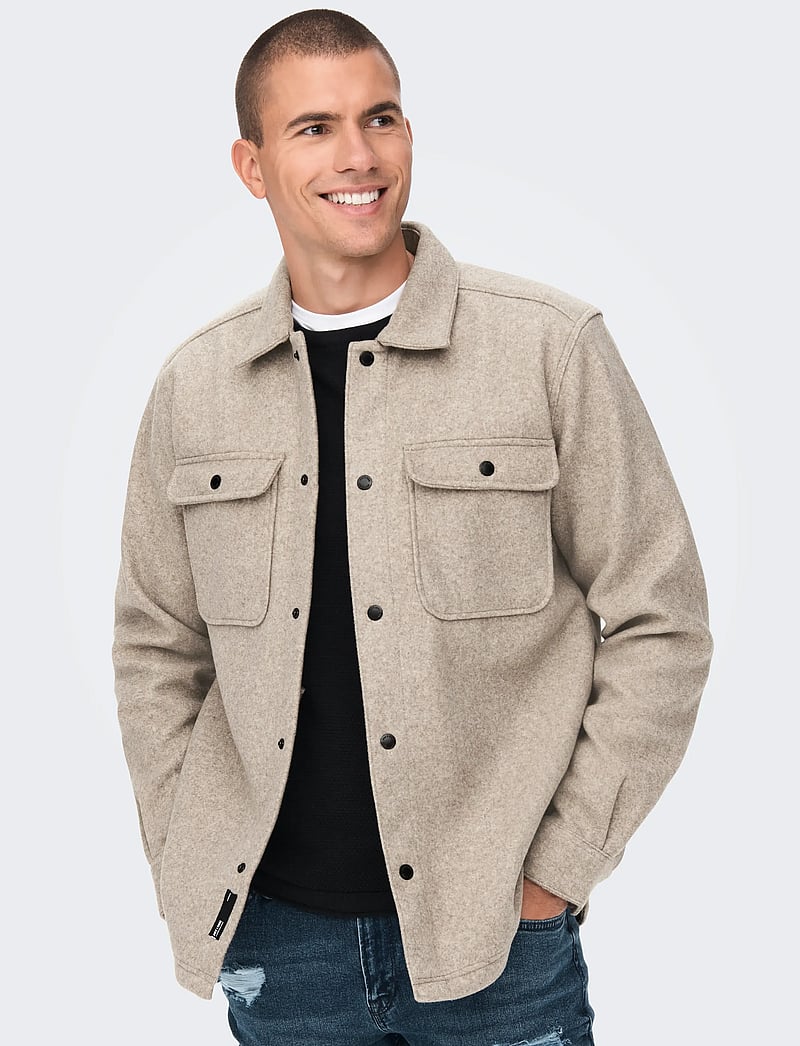 ONLY & SONS - ONSASH OVR WOOLEN LOOK PKT LS SHIRT NOOS - vinterjakker - chinchilla - 5