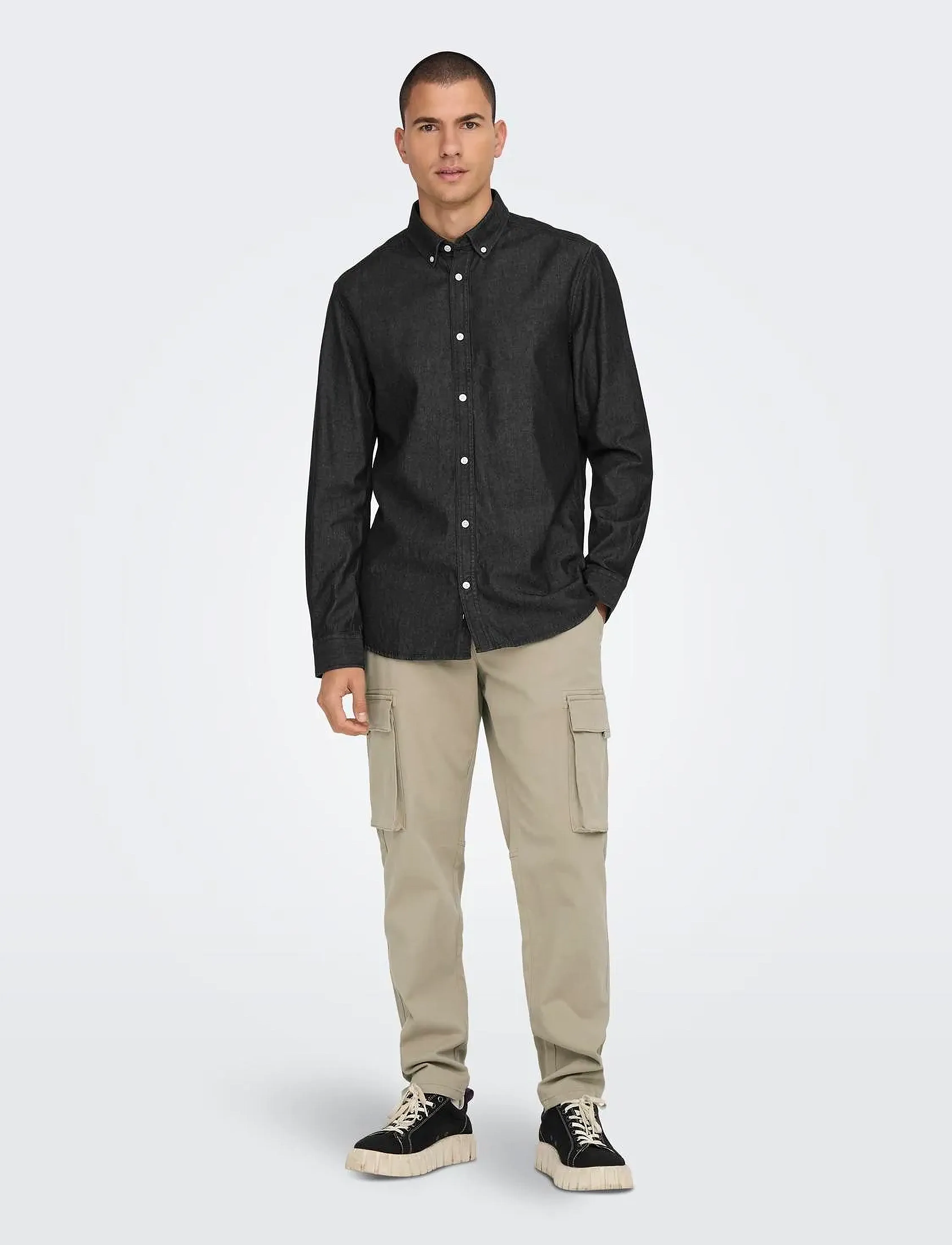ONLY & SONS - ONSDAY REG BTN DOWN CHAMBRAY LS SHIRT - black denim - 5