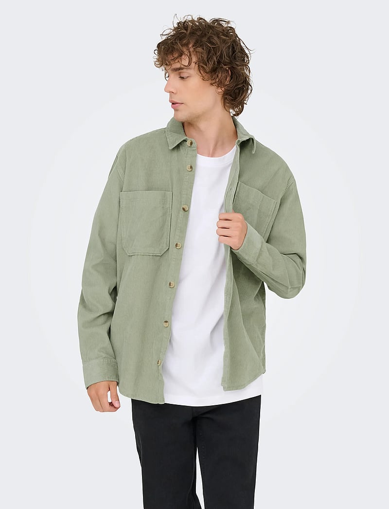 ONLY & SONS - ONSALP 2PKT WASHD CORD LS SHIRT OTL - cordhemden - seagrass - 0