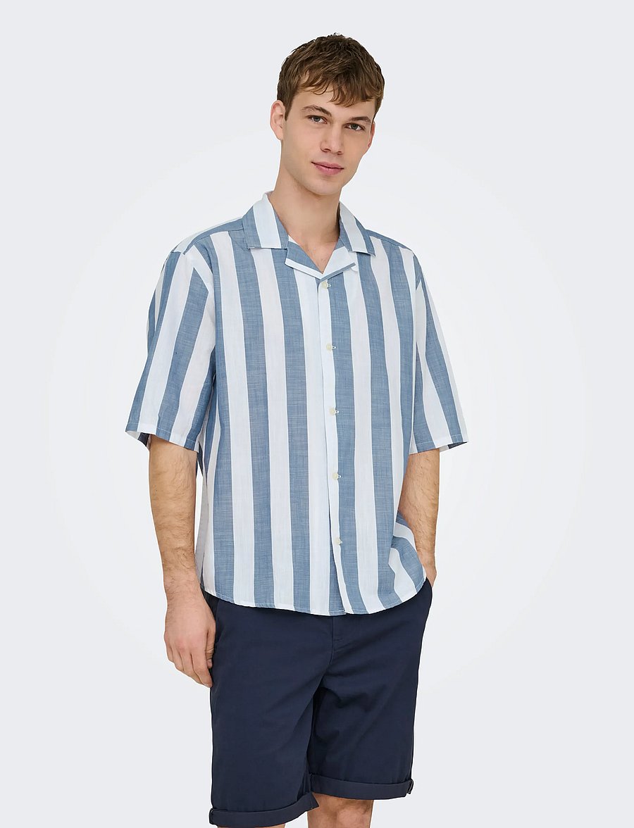 ONLY & SONS - ONSTES RLX CTN SLUB STRIPE SS SHIRT - kortärmade skjortor - vintage indigo - 0