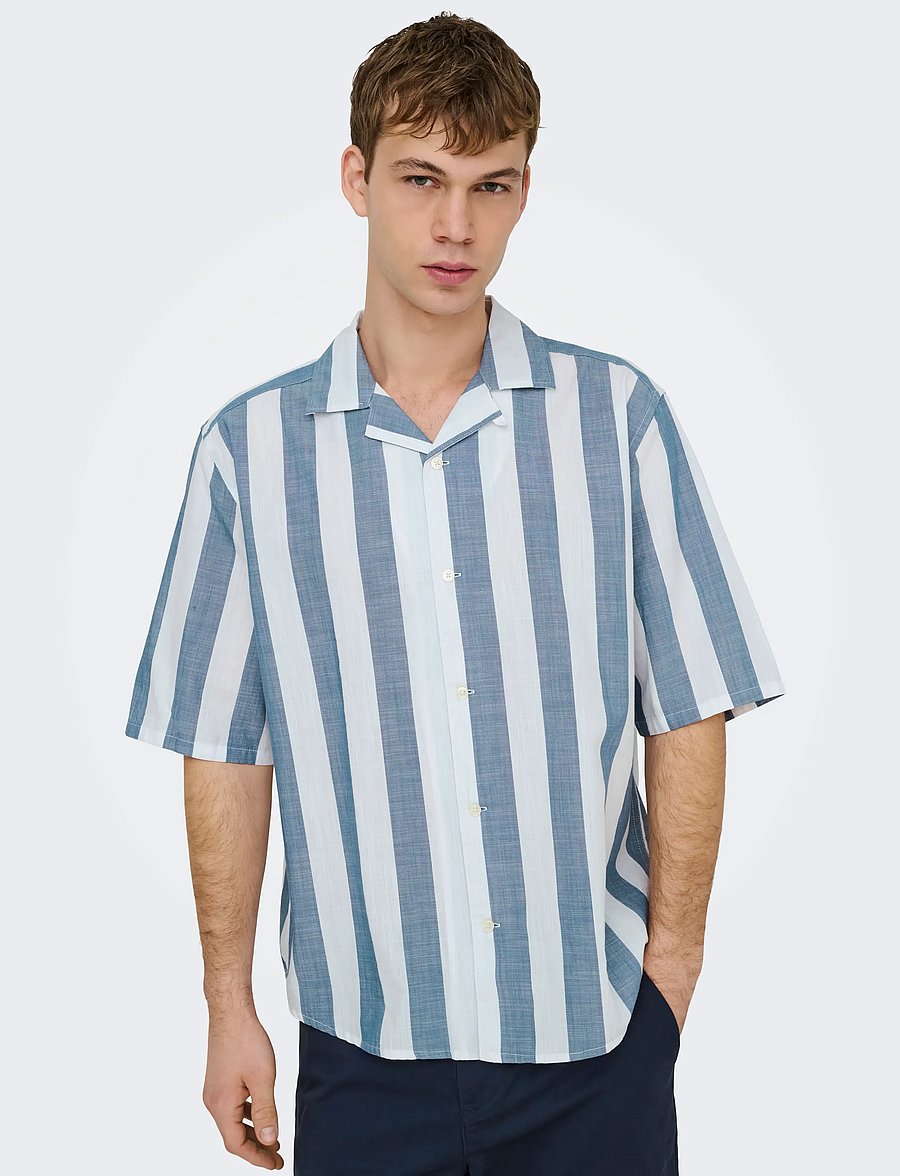 ONLY & SONS - ONSTES RLX CTN SLUB STRIPE SS SHIRT - kortärmade skjortor - vintage indigo - 5
