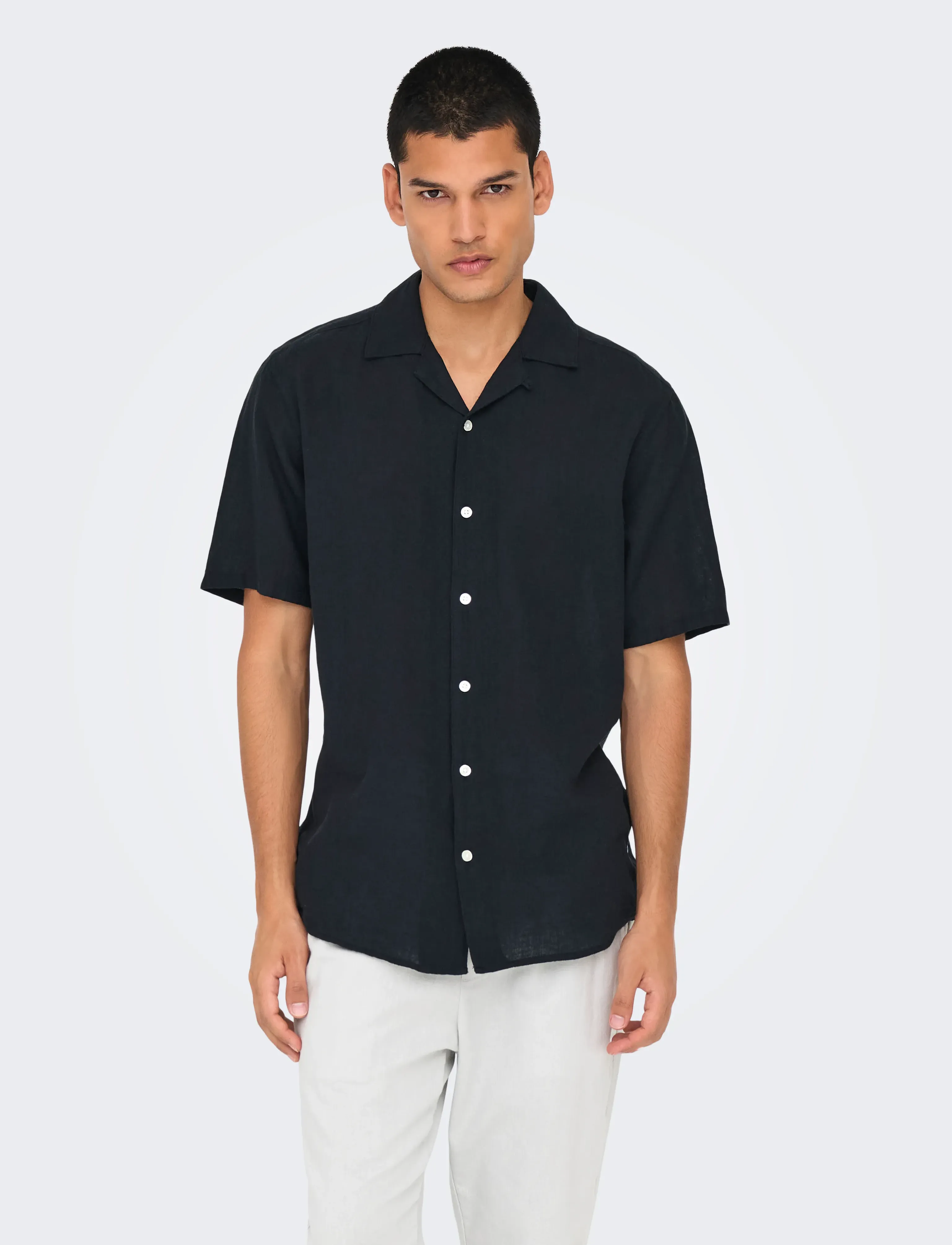 ONLY & SONS Onscaiden Ss Solid Resort Linen Noos, Mænd, Kortærmet Resort Skjorte, Sort, Str: XS