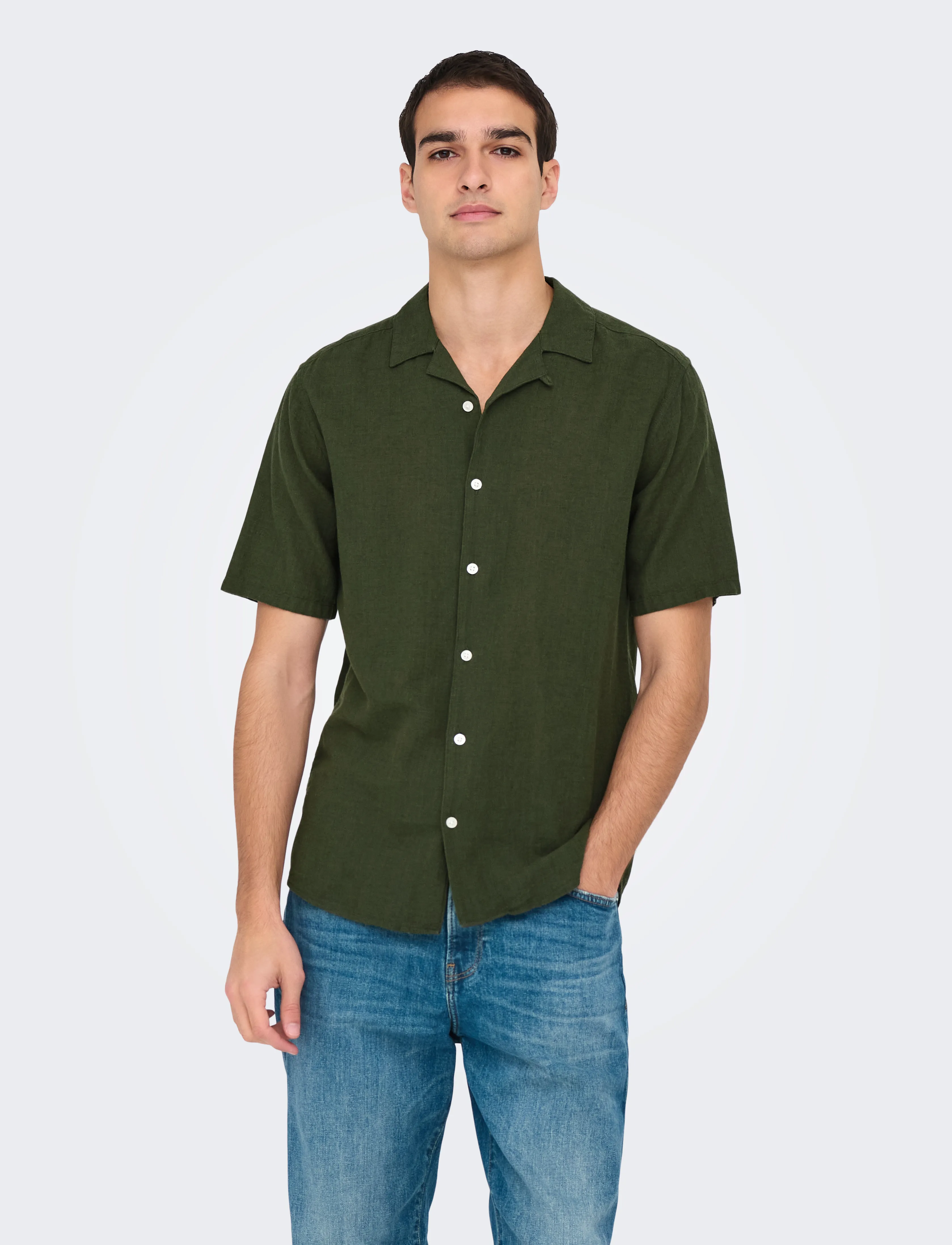 ONLY & SONS Onscaiden Ss Solid Resort Linen Noos, Mænd, Kortærmet Resort Skjorte, Kakigrøn, Str: XXL