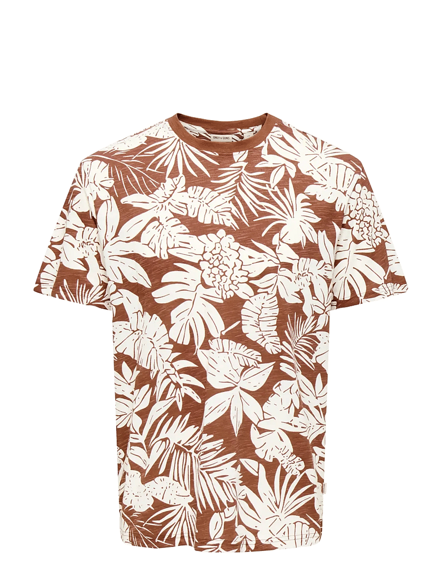 ONLY & SONS - ONSPERRY LIFE REG LEAF AOP SS TEE - kurzärmelige t-shirts - brown out - 1