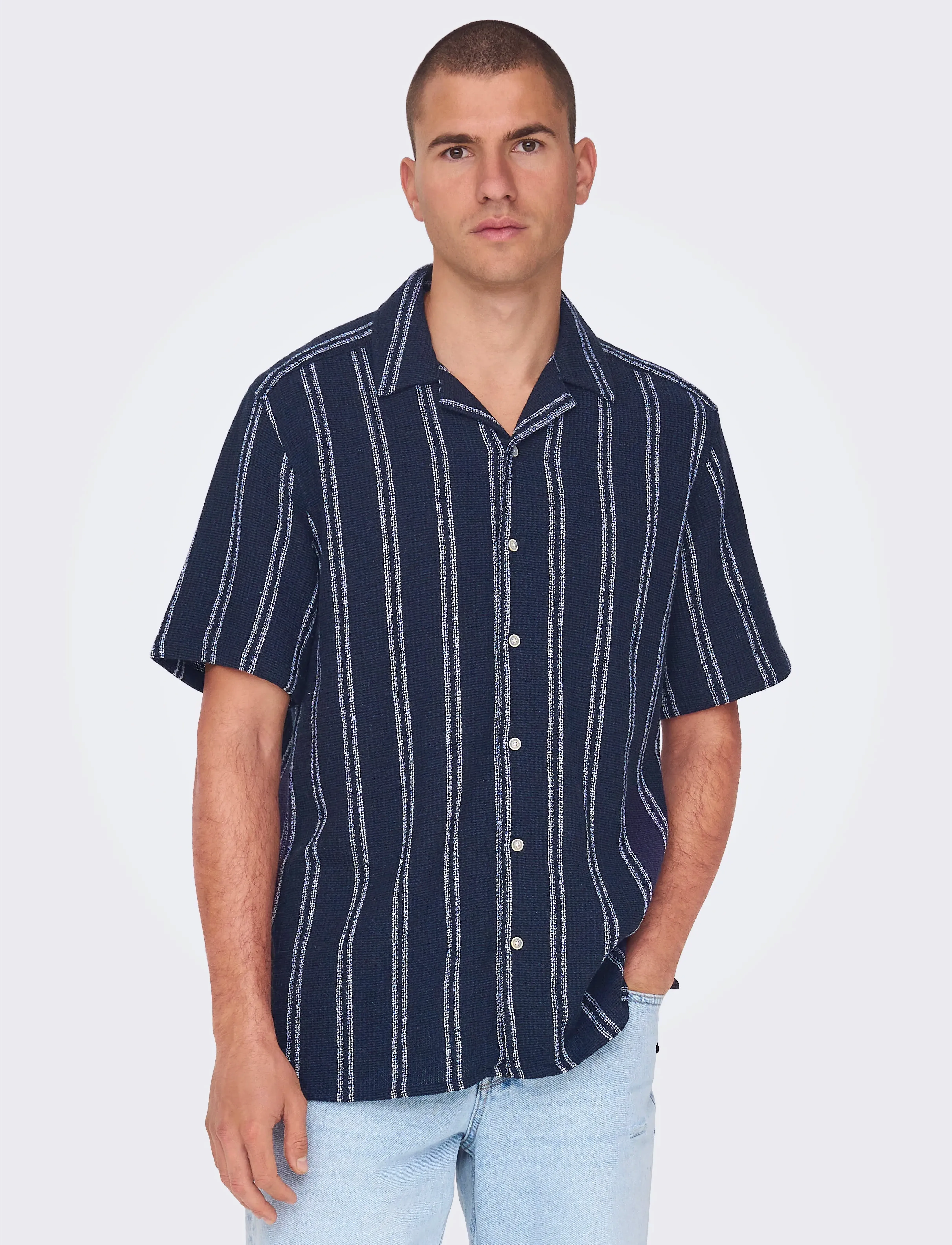 ONLY & SONS - ONSTREV LIFE REG STRIPE SS SHIRT NOOS - kortærmede skjorter - dark navy - 4