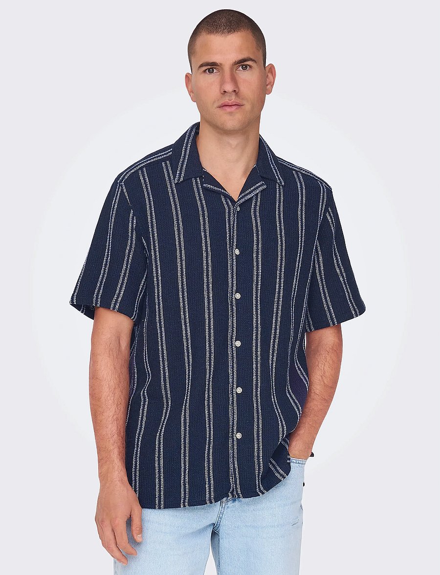 ONLY & SONS - ONSTREV LIFE REG STRIPE SS SHIRT NOOS - kurzarmhemden - dark navy - 4