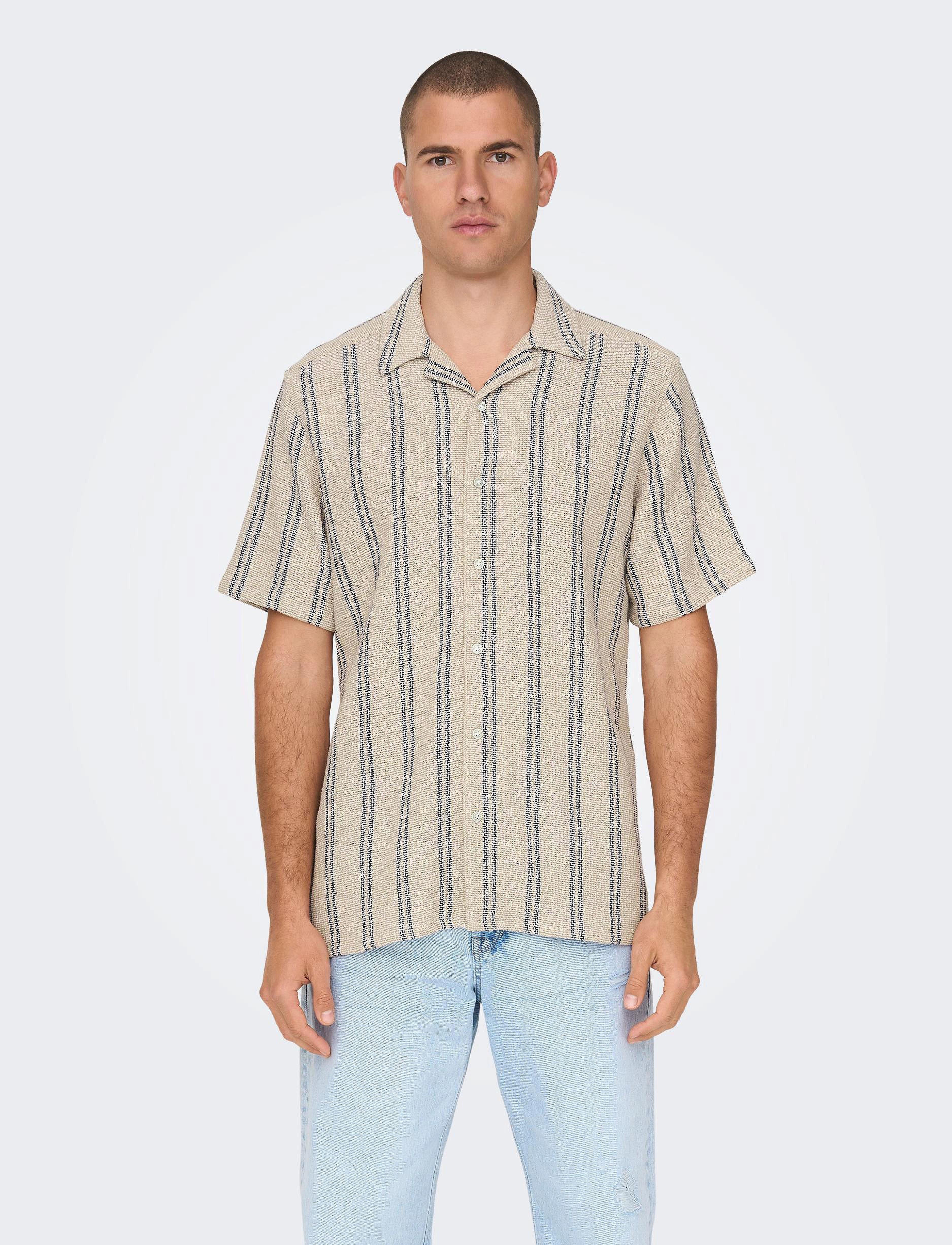 ONLY & SONS ONSTREV LIFE REG STRIPE SS SHIRT NOOS - Skjorter - VINTAGE KHAKI / beige