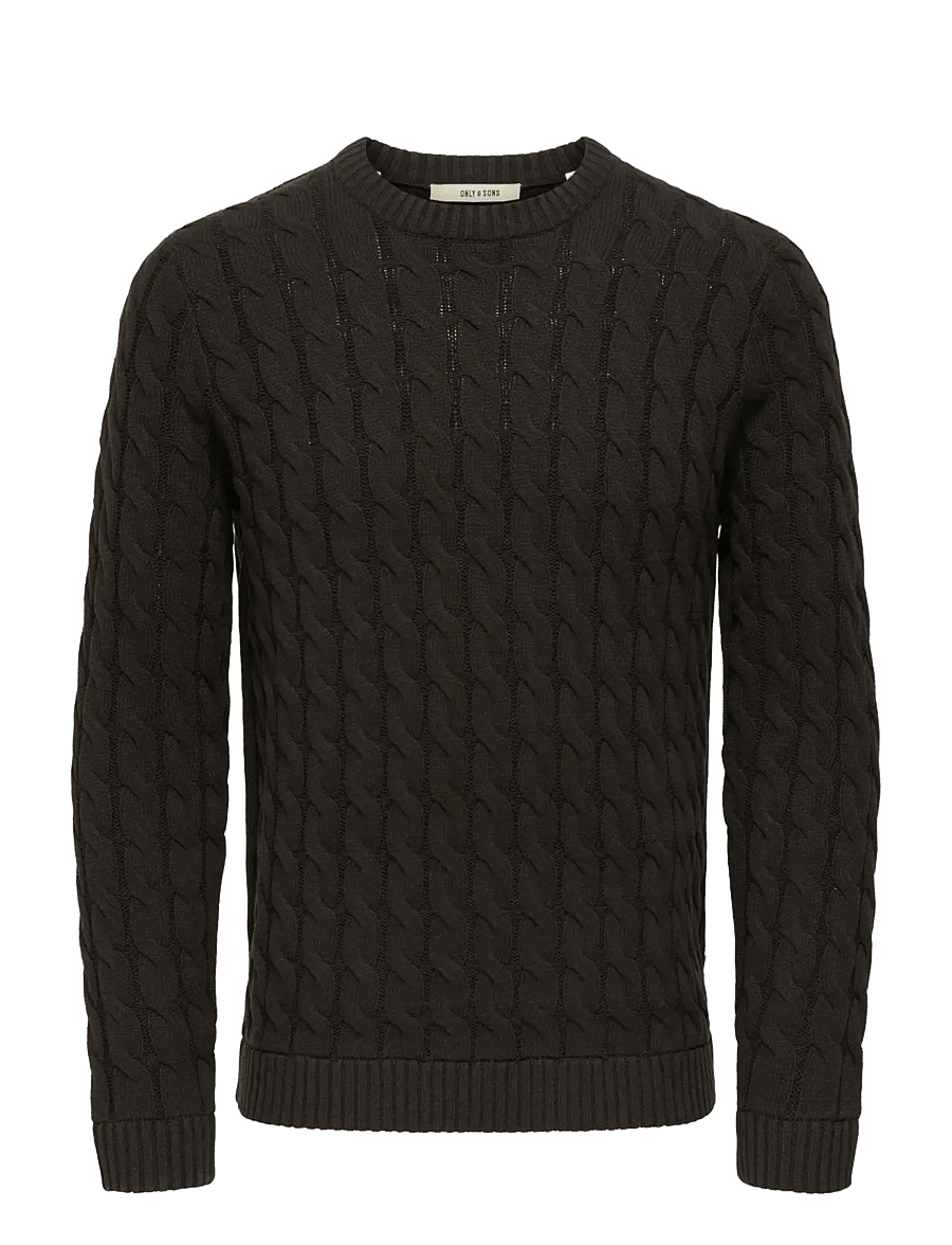 ONLY & SONS - ONSKICKER REG 3 CABLE CREW KNIT - round necks - coffee bean - 0