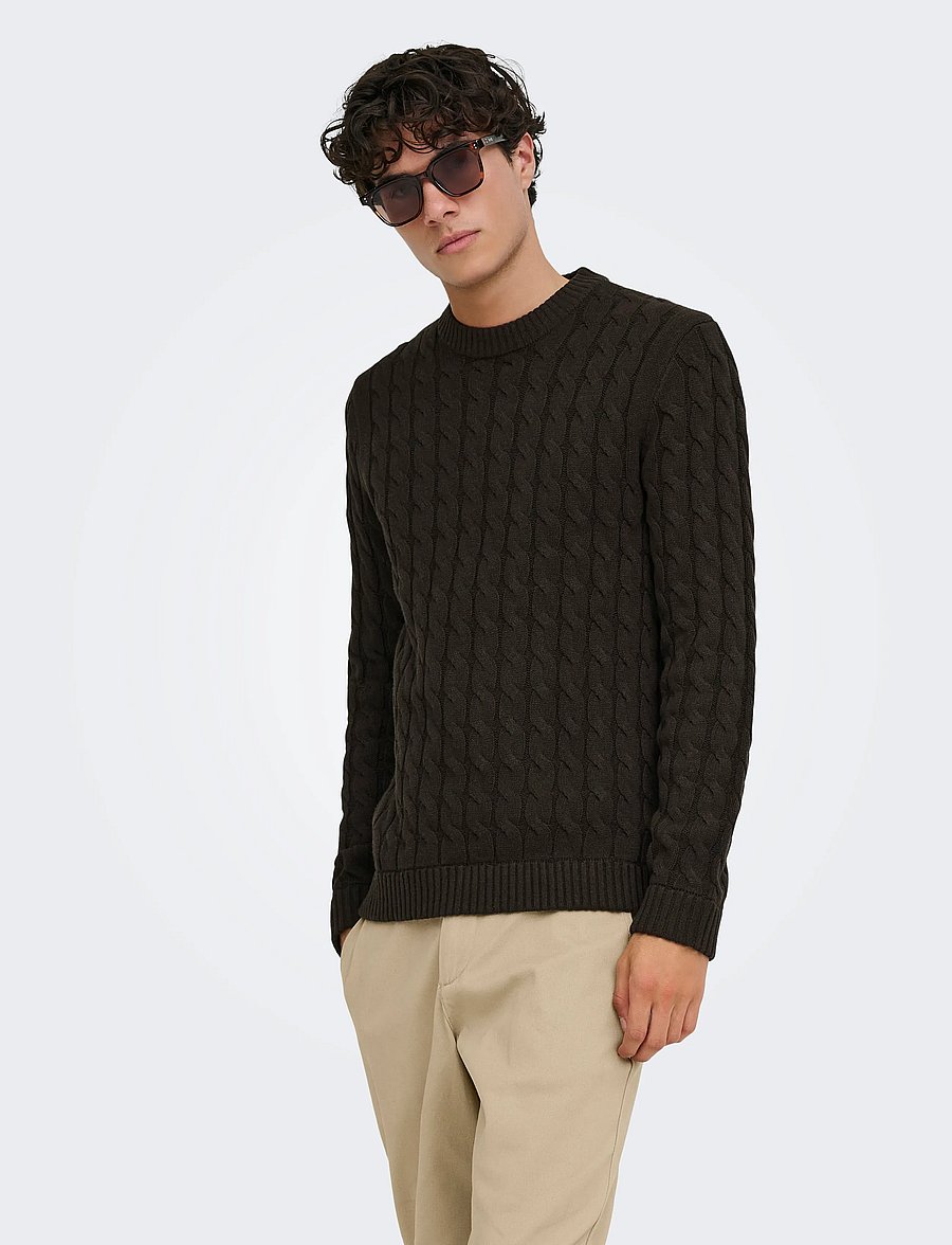 ONLY & SONS - ONSKICKER REG 3 CABLE CREW KNIT - rund hals - coffee bean - 0
