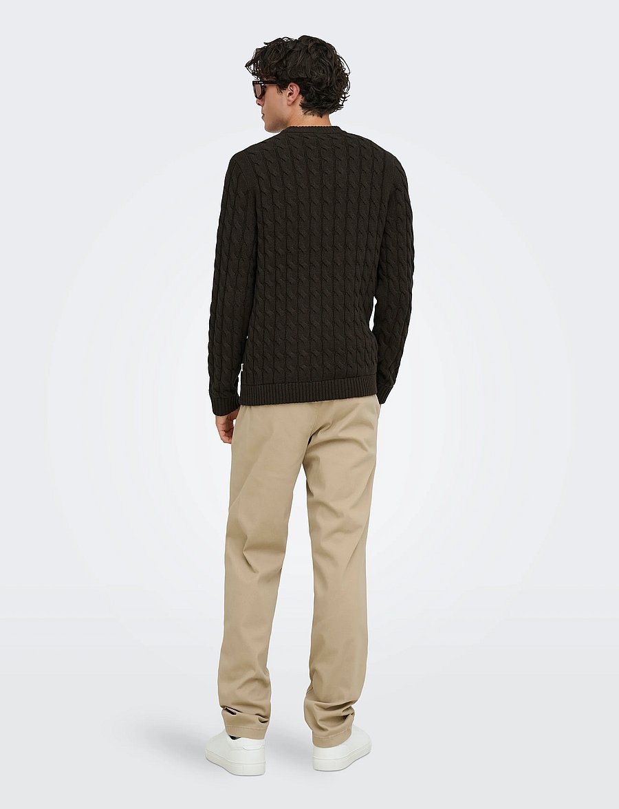 ONLY & SONS - ONSKICKER REG 3 CABLE CREW KNIT - rund hals - coffee bean - 3