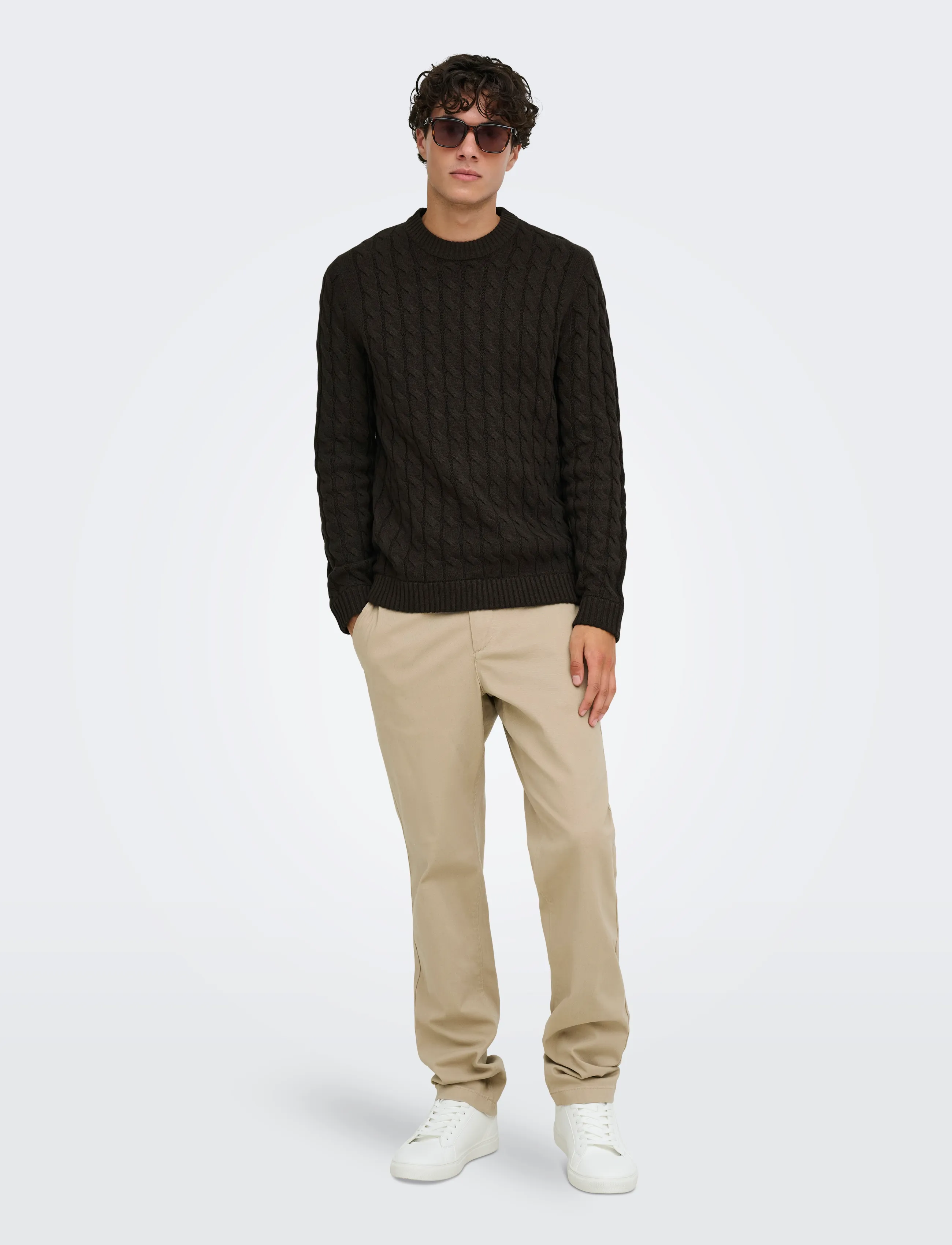 ONLY & SONS - ONSKICKER REG 3 CABLE CREW KNIT - rund hals - coffee bean - 4
