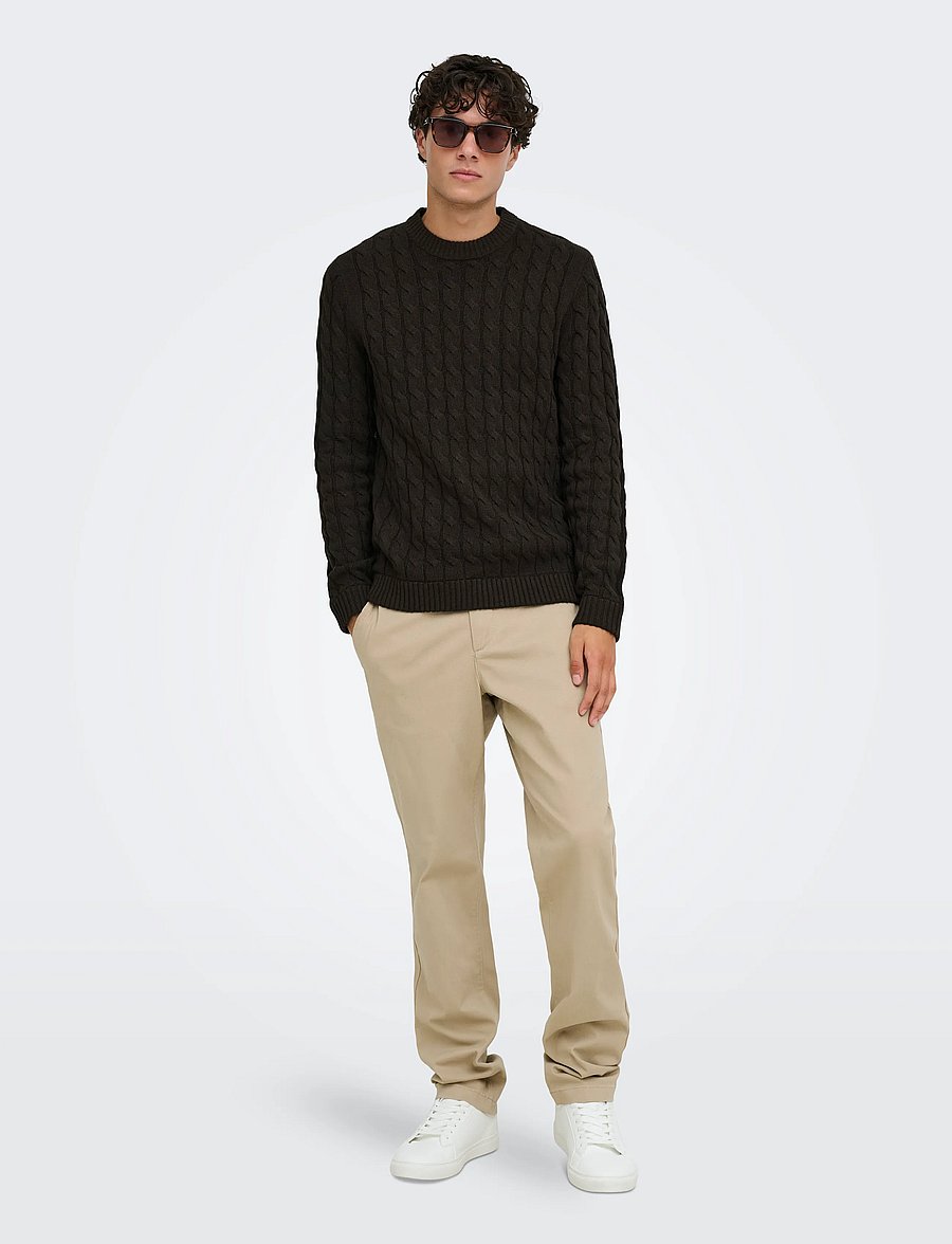 ONLY & SONS - ONSKICKER REG 3 CABLE CREW KNIT - rund hals - coffee bean - 4