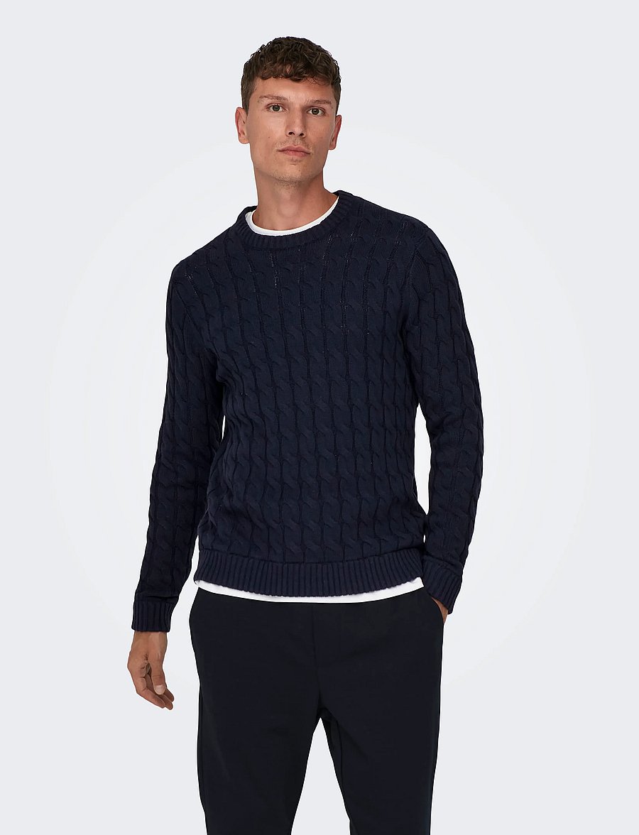 ONLY & SONS - ONSKICKER REG 3 CABLE CREW KNIT - Ümara kaelusega - dark navy - 0