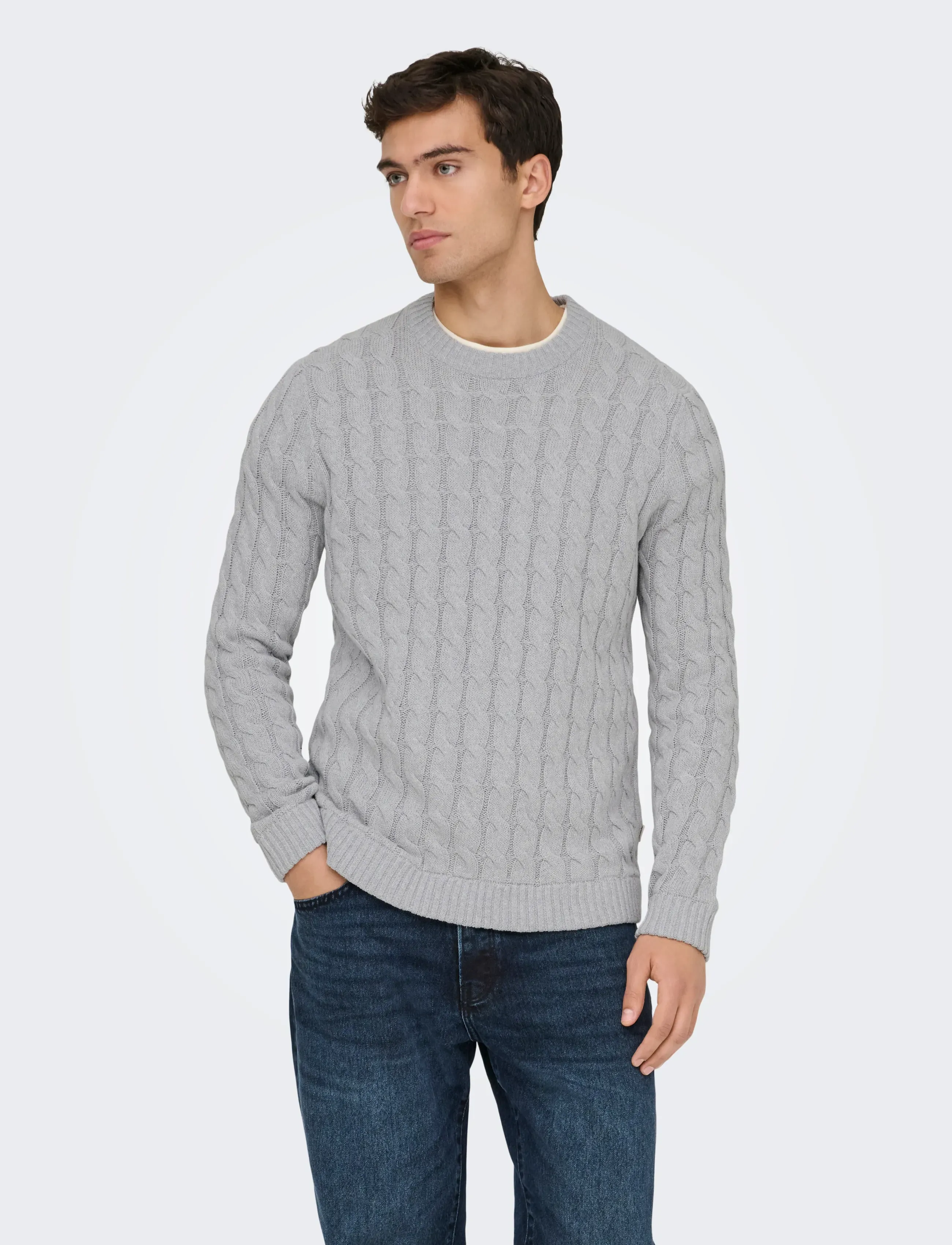 ONLY & SONS Onskicker Reg 3 Cable Crew Knit, XXL, Knitwear, Grau - Round Necks, Männerswear