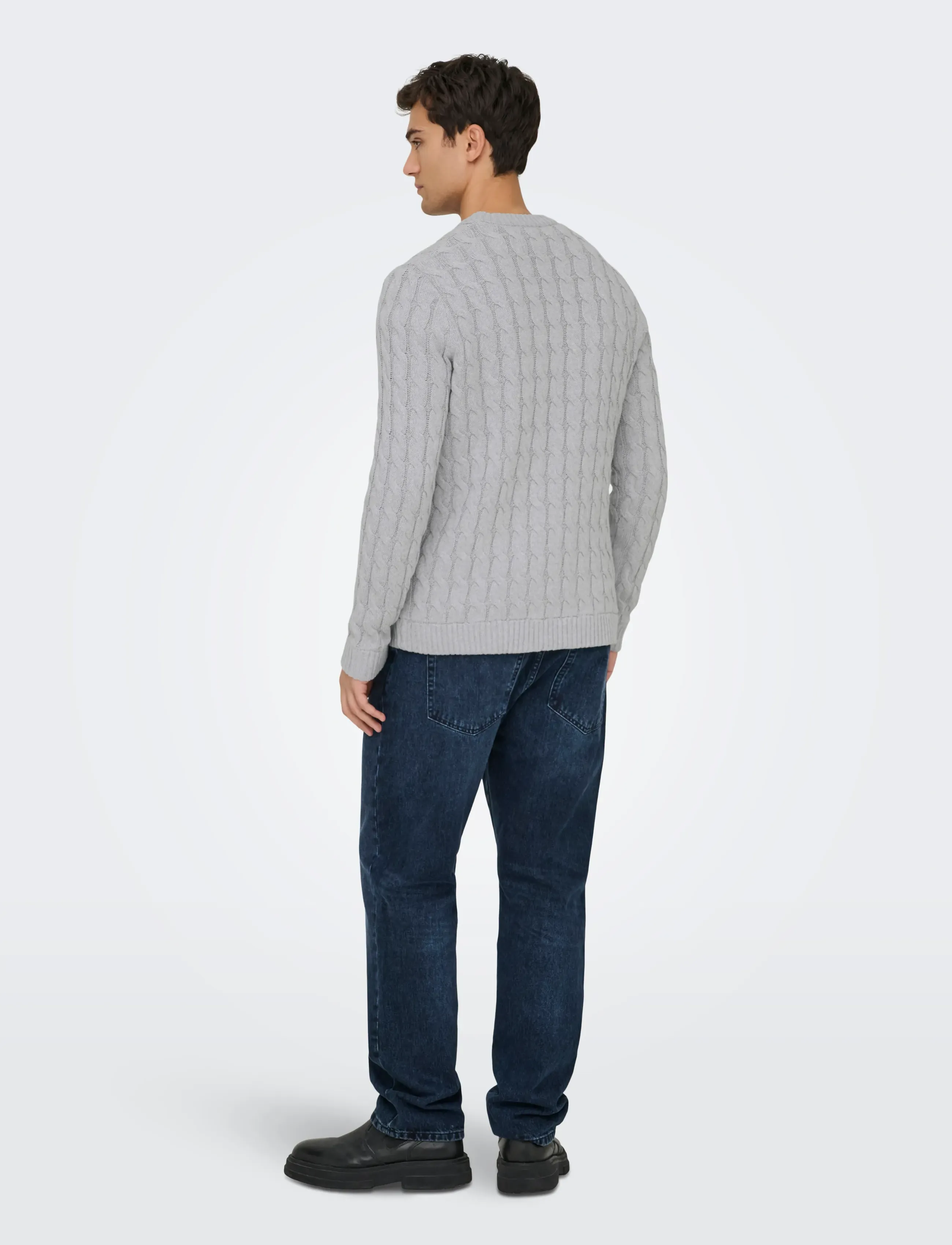 ONLY & SONS - ONSKICKER LIFE REG 3 CABLE CREW KNIT - round necks - light grey melange - 3