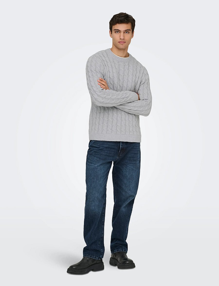 ONLY & SONS - ONSKICKER REG 3 CABLE CREW KNIT - džemperi ar apaļu kakla izgriezumu - light grey melange - 4