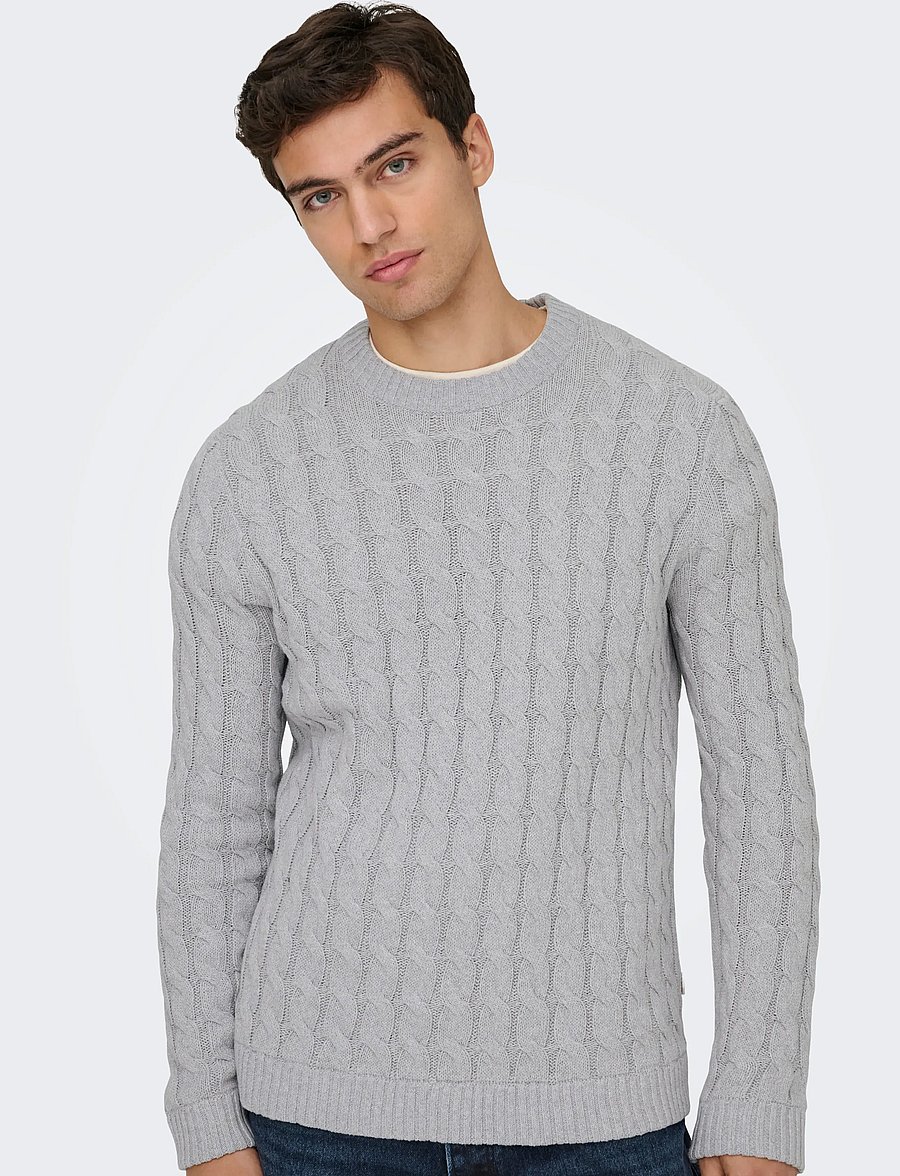 ONLY & SONS - ONSKICKER REG 3 CABLE CREW KNIT - džemperi ar apaļu kakla izgriezumu - light grey melange - 5