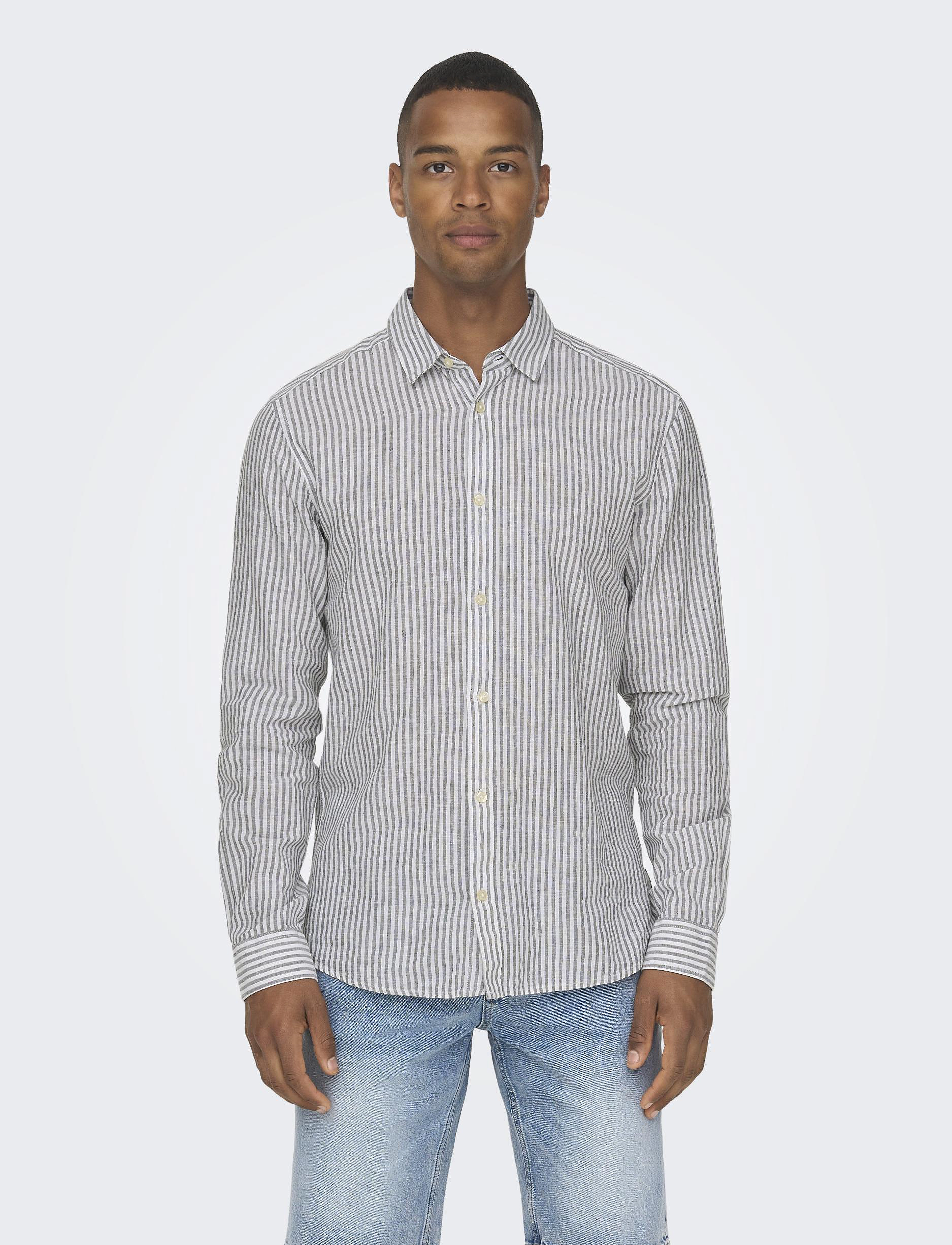 ONLY & SONS ONSCAIDEN LIFE LS STRIPE LINEN NOOS - Leinenhemden - DARK NAVY / navy
