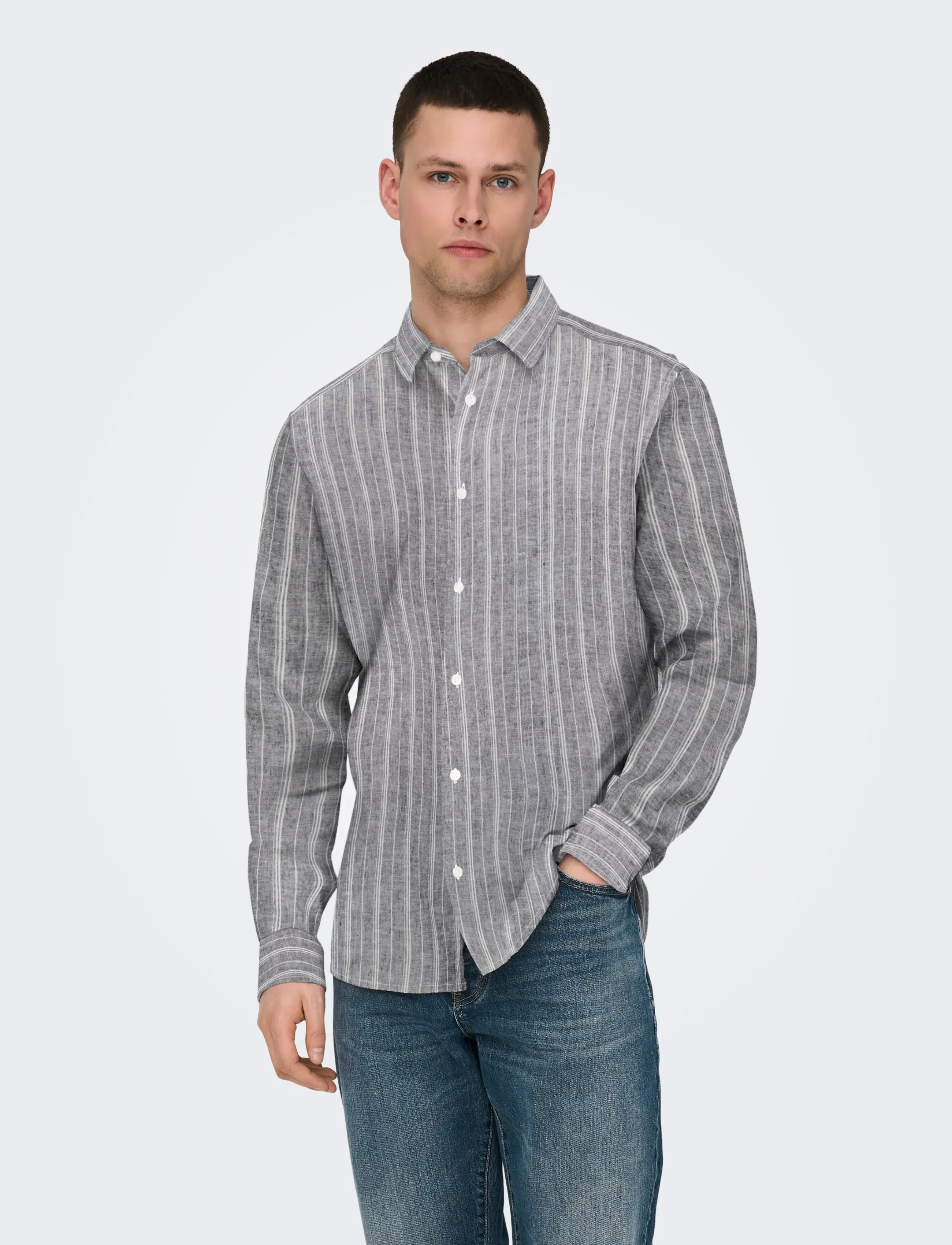 ONLY & SONS ONSCAIDEN LIFE LS STRIPE LINEN NOOS - Hørskjorter - DARK SAPPHIRE / grey