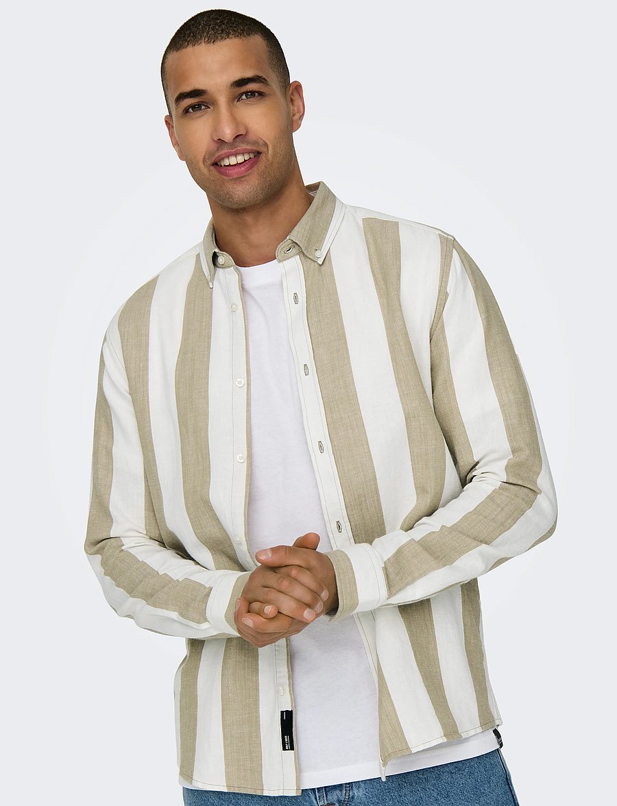 ONLY & SONS - ONSARLO SLIM LS STRIPE HRB LINEN SHIRT - hørskjorter - chinchilla - 5