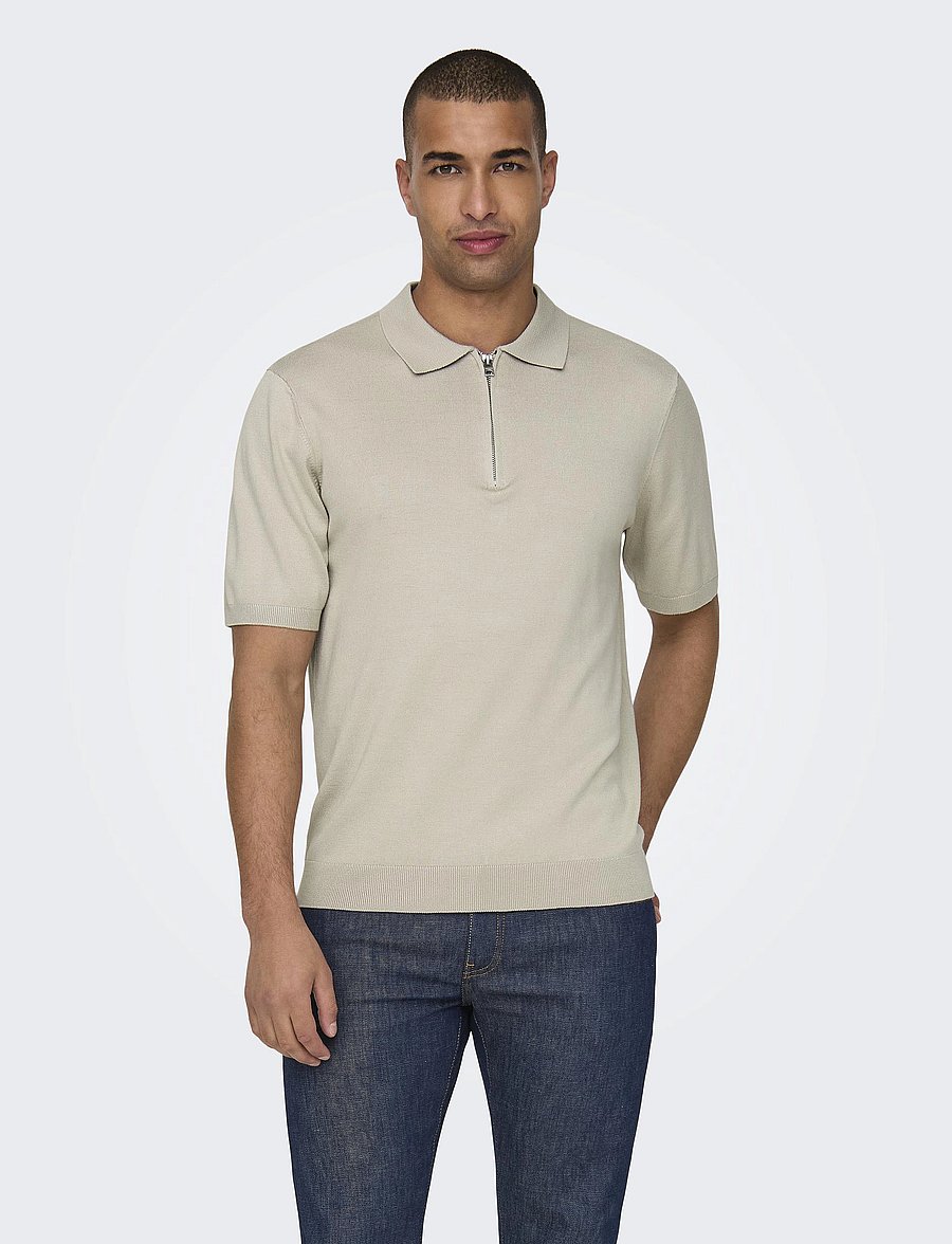 ONLY & SONS - ONSWYLER LIFE REG 14 SS ZIP POLO KNIT - kootud polosärgid - silver lining - 0